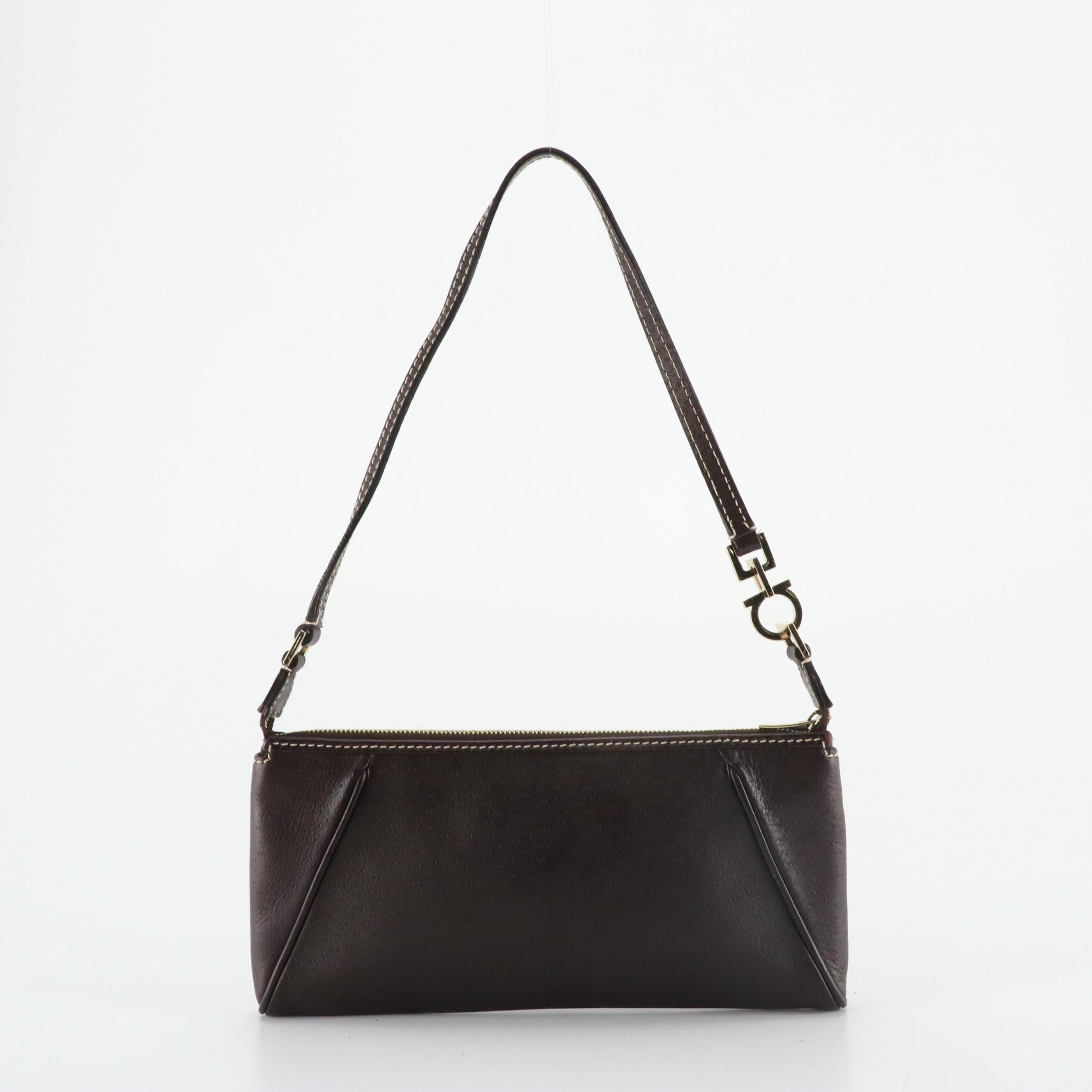 Salvatore Ferragamo Gancini Flat Shoulder Bag in Dark Chocolate Leather