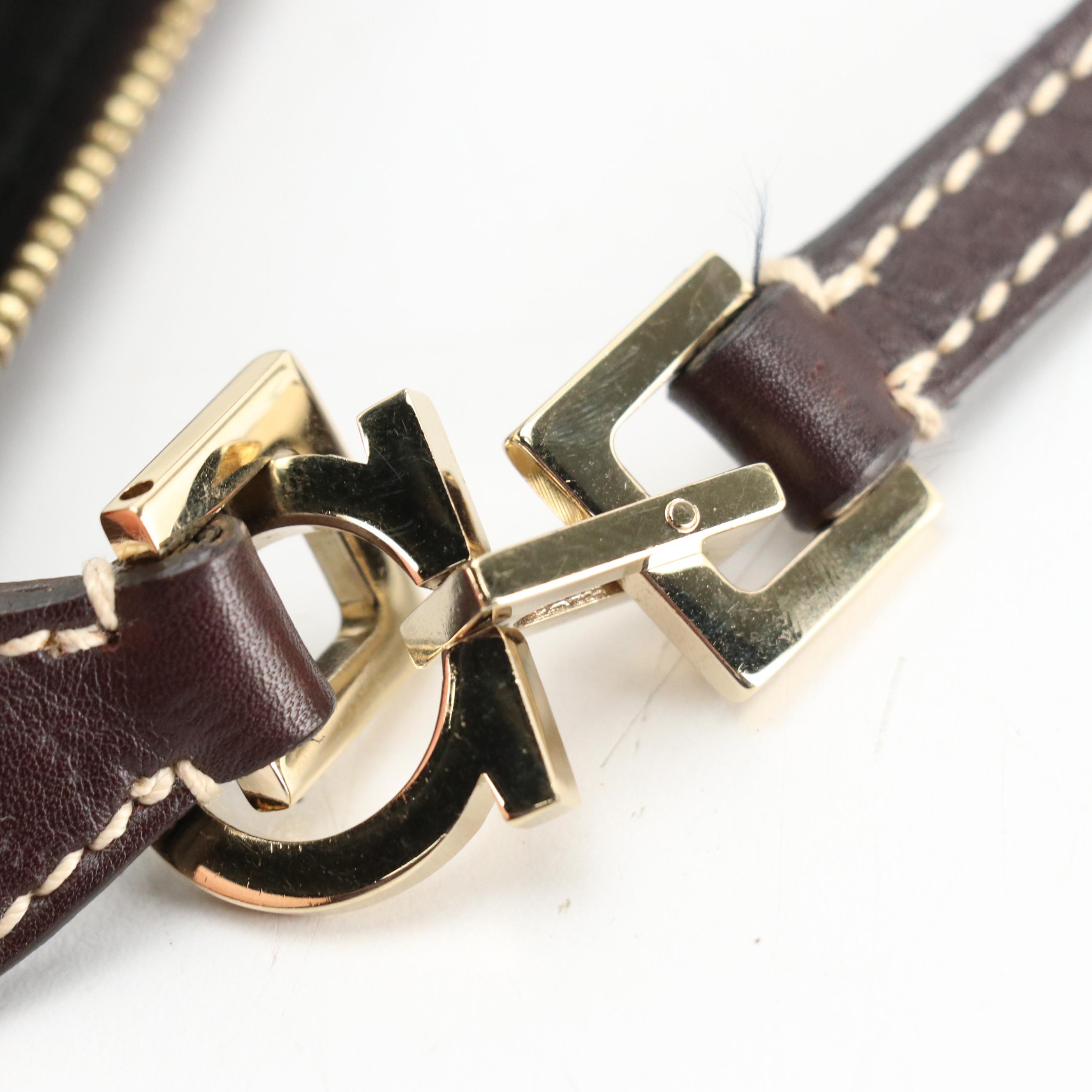 Salvatore Ferragamo Gancini Flat Shoulder Bag in Dark Chocolate Leather