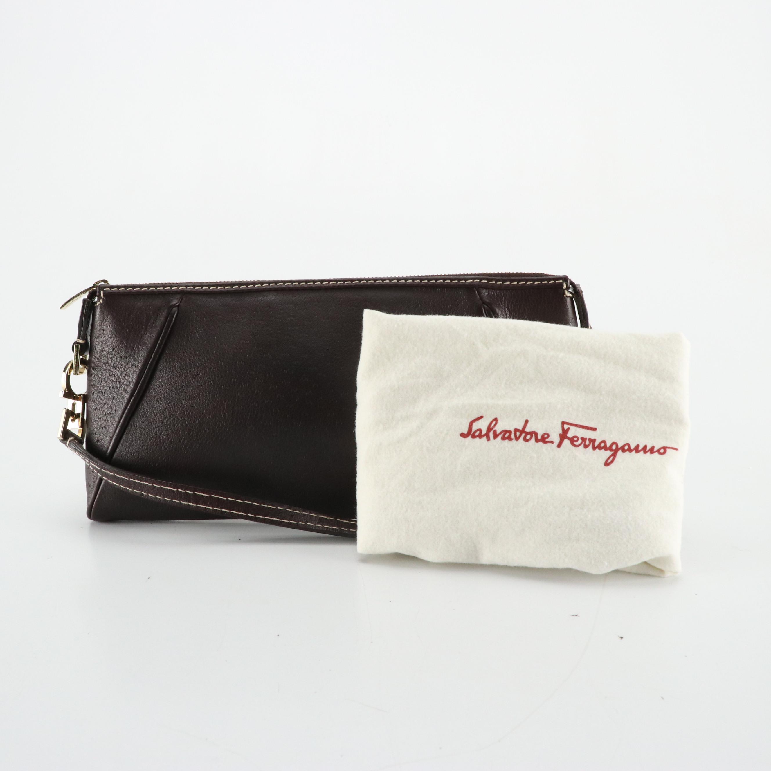 Salvatore Ferragamo Gancini Flat Shoulder Bag in Dark Chocolate Leather