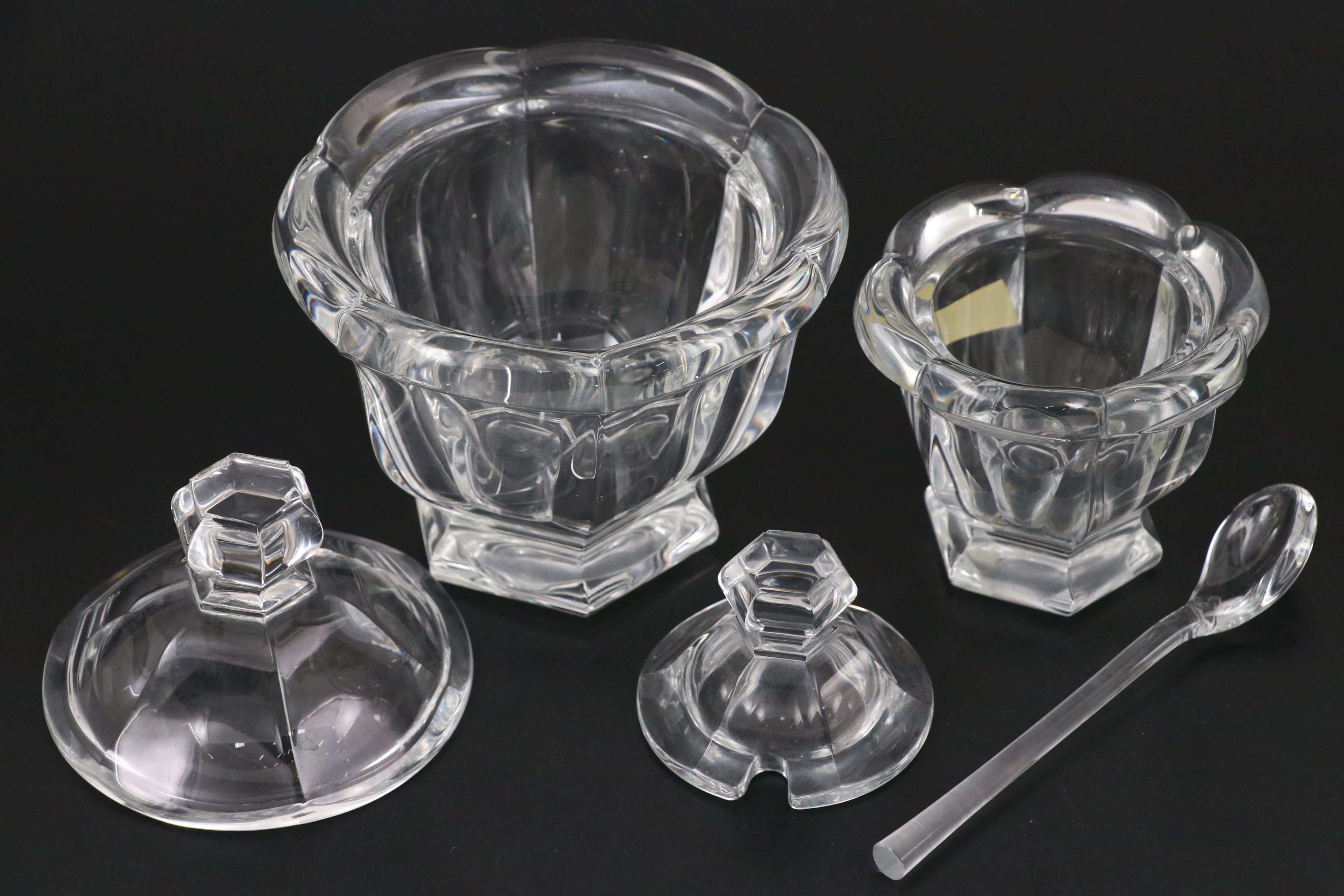 Baccarat "Harcourt Missouri" Crystal Sugar Bowl and Mustard Jar with Spoon