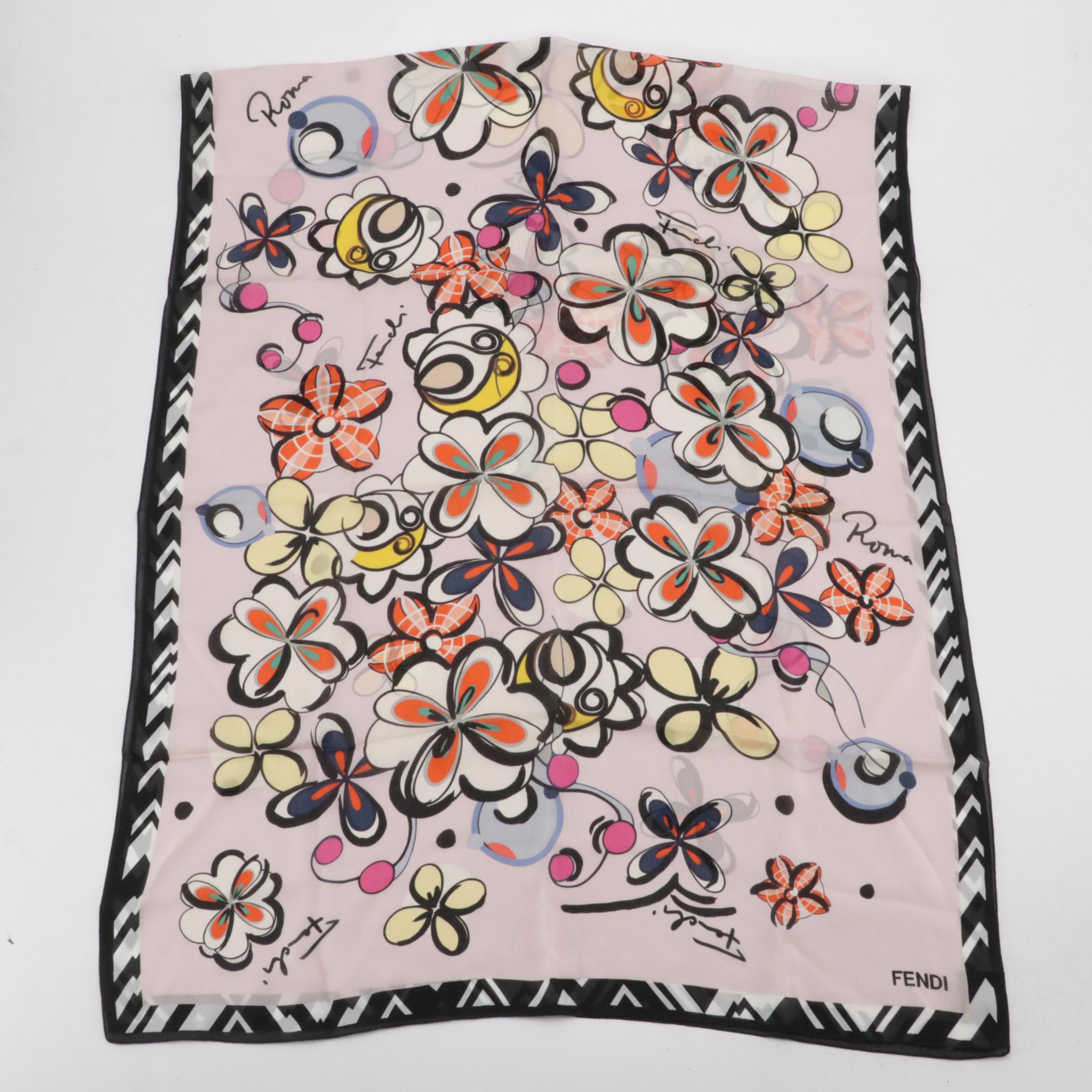 Fendi Multicolor Floral Print Sheer Silk Scarf