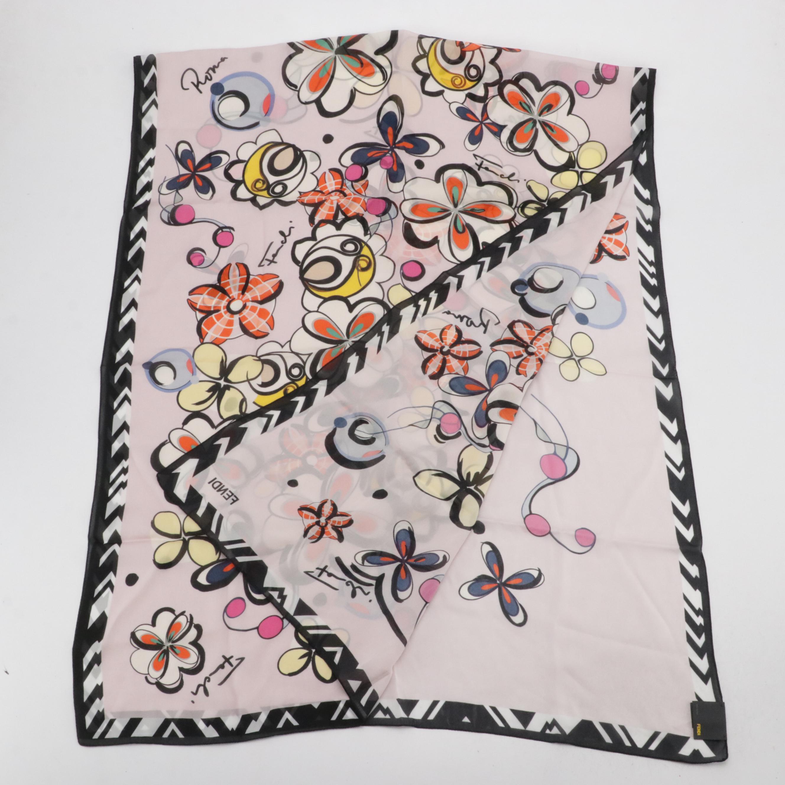 Fendi Multicolor Floral Print Sheer Silk Scarf