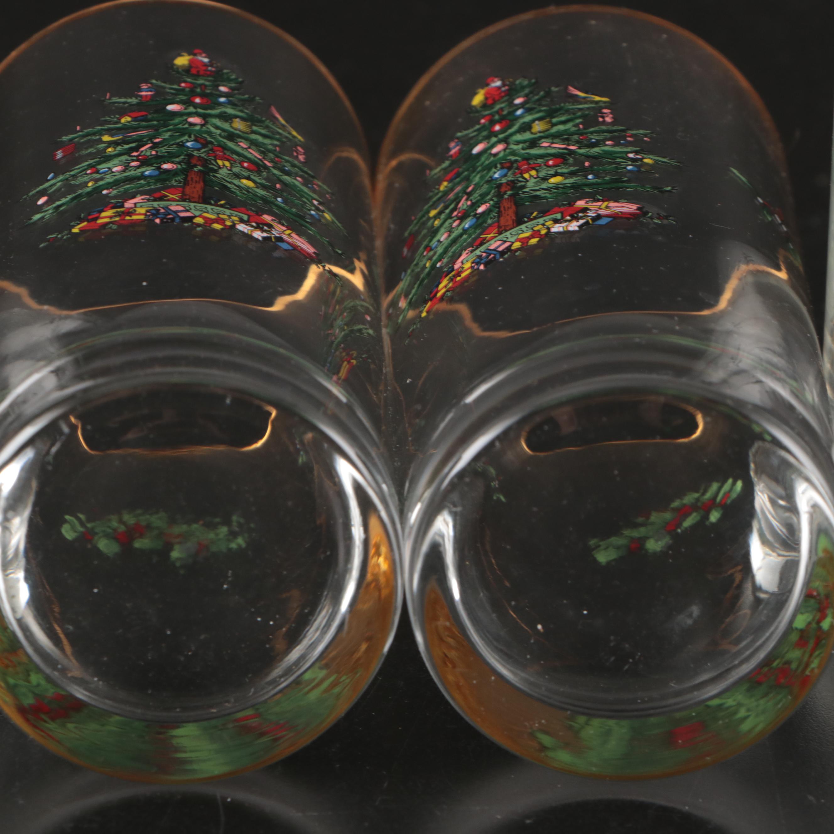 Spode "Christmas Tree" Pitcher, Ice Bucket and Cocktail Glasses