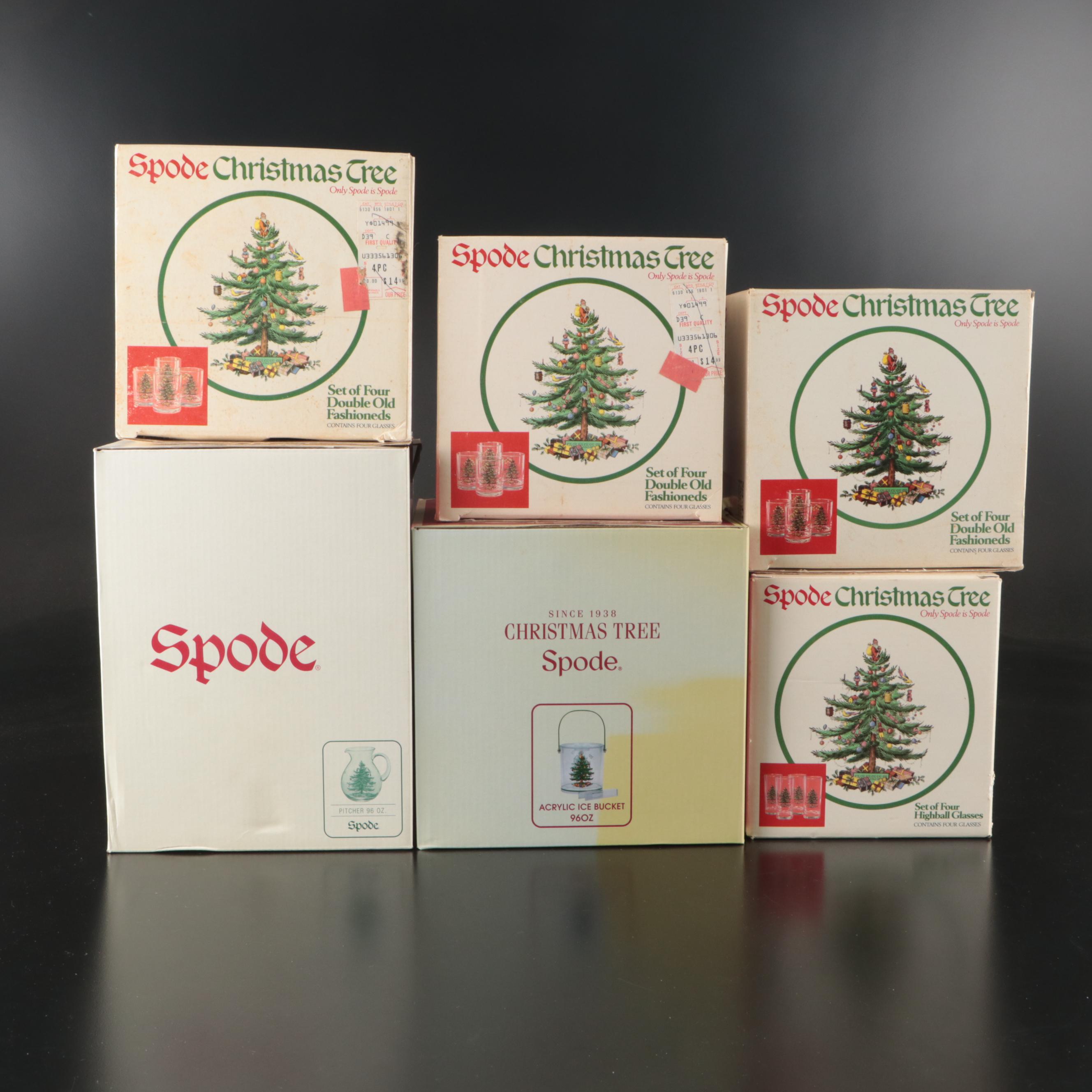 Spode "Christmas Tree" Pitcher, Ice Bucket and Cocktail Glasses