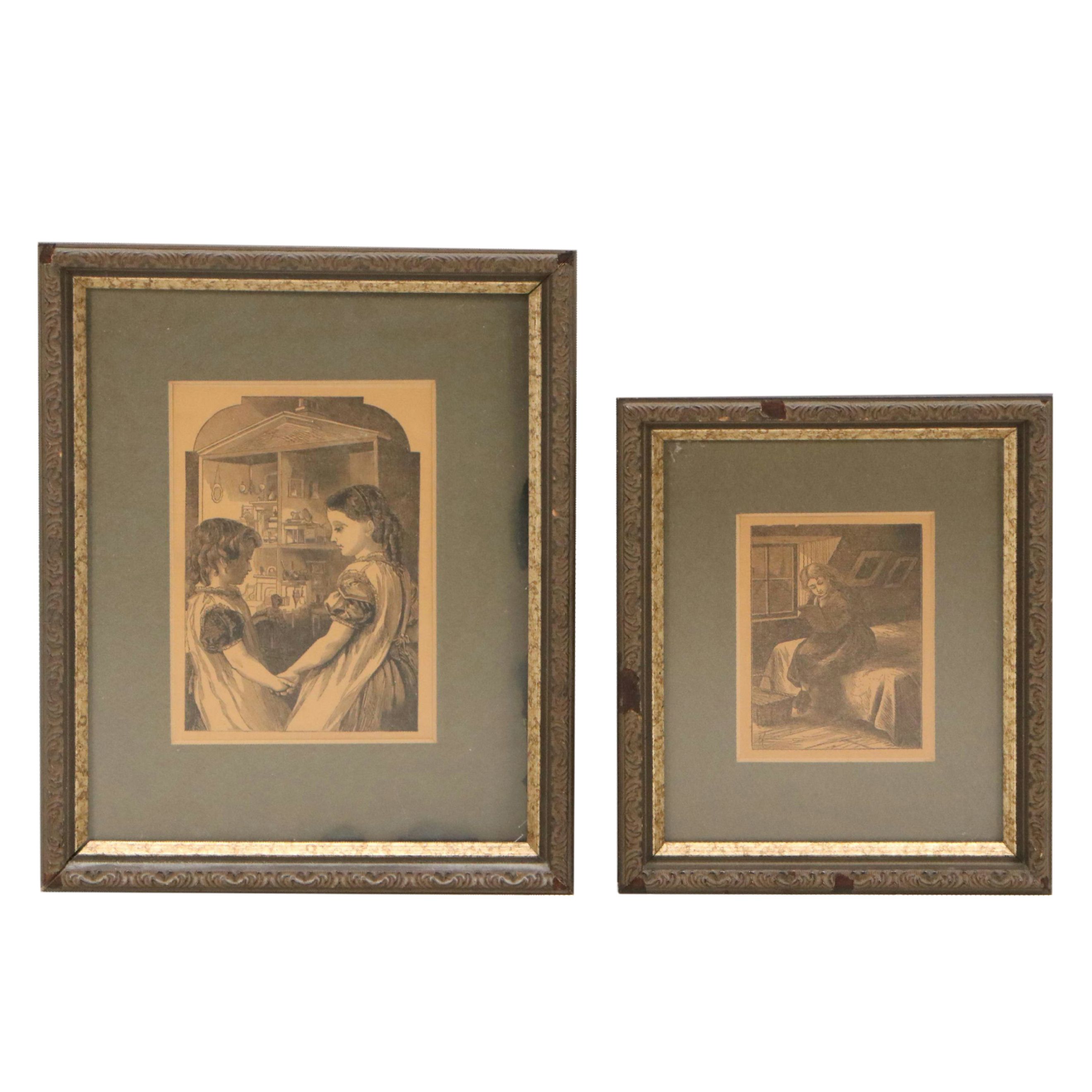 Etchings of Girls with Dollhouse and More, Late 19th to Early 20th Century