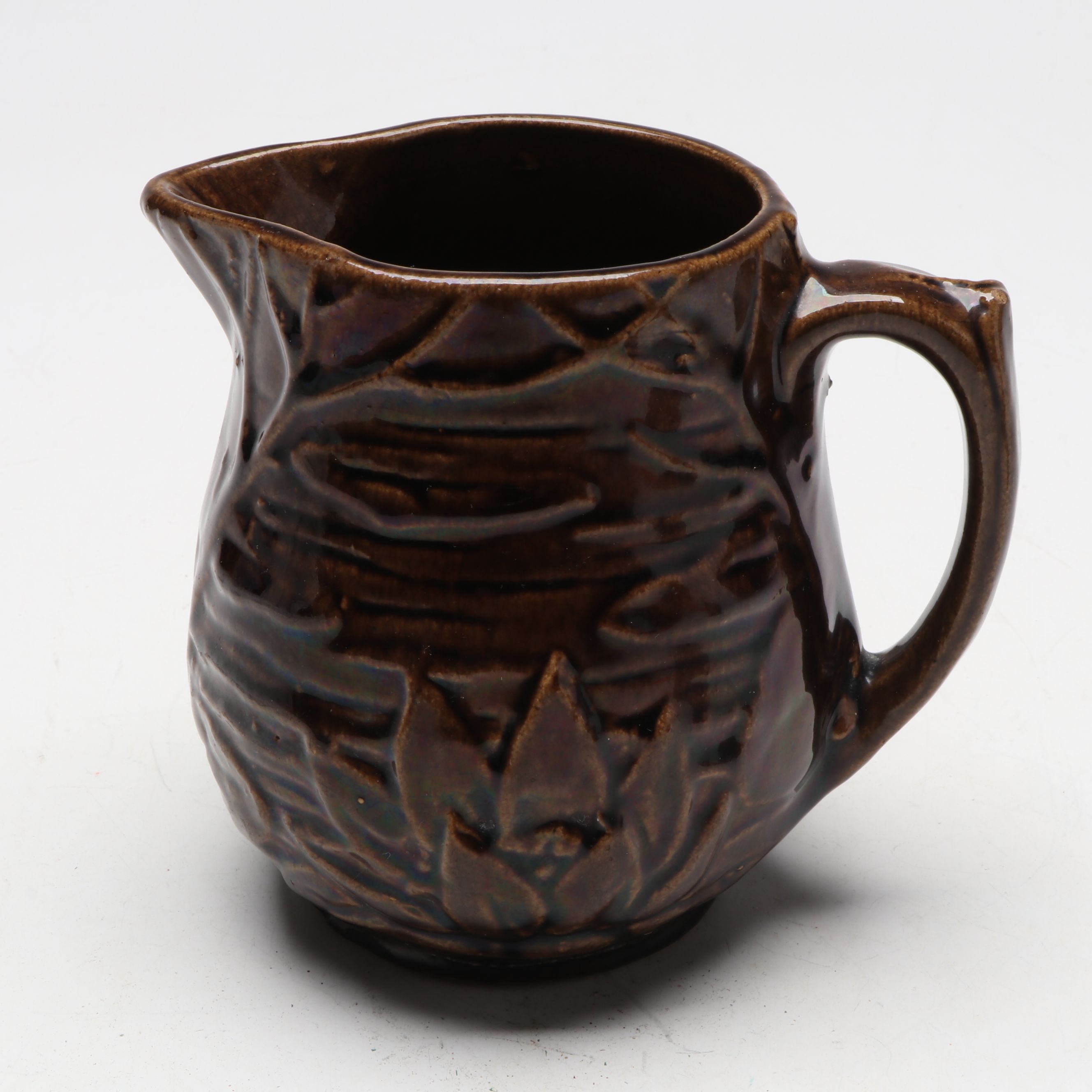 McCoy Pottery Botanical and Aquatic Brown Pitchers with Ribbed Hull Creamer