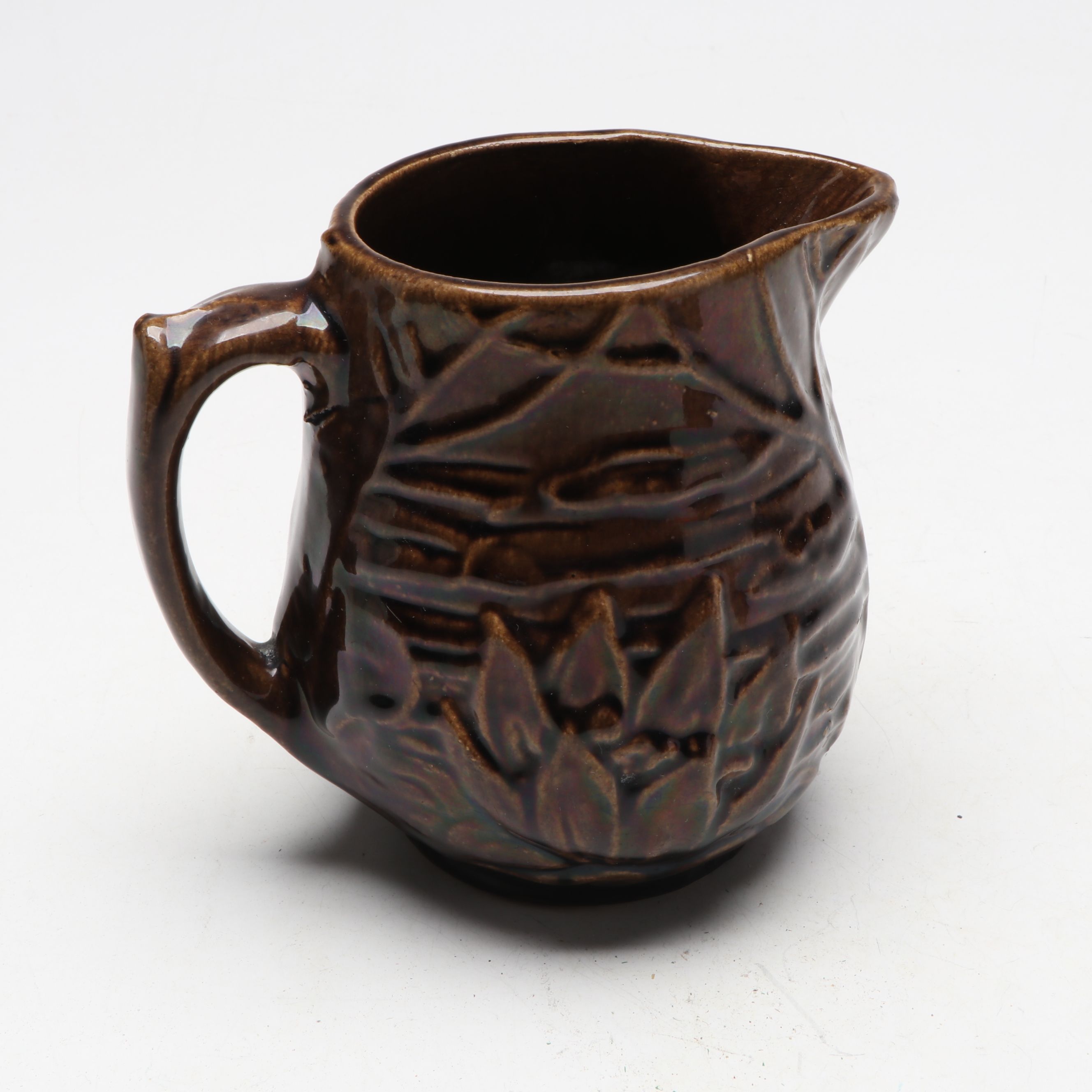 McCoy Pottery Botanical and Aquatic Brown Pitchers with Ribbed Hull Creamer