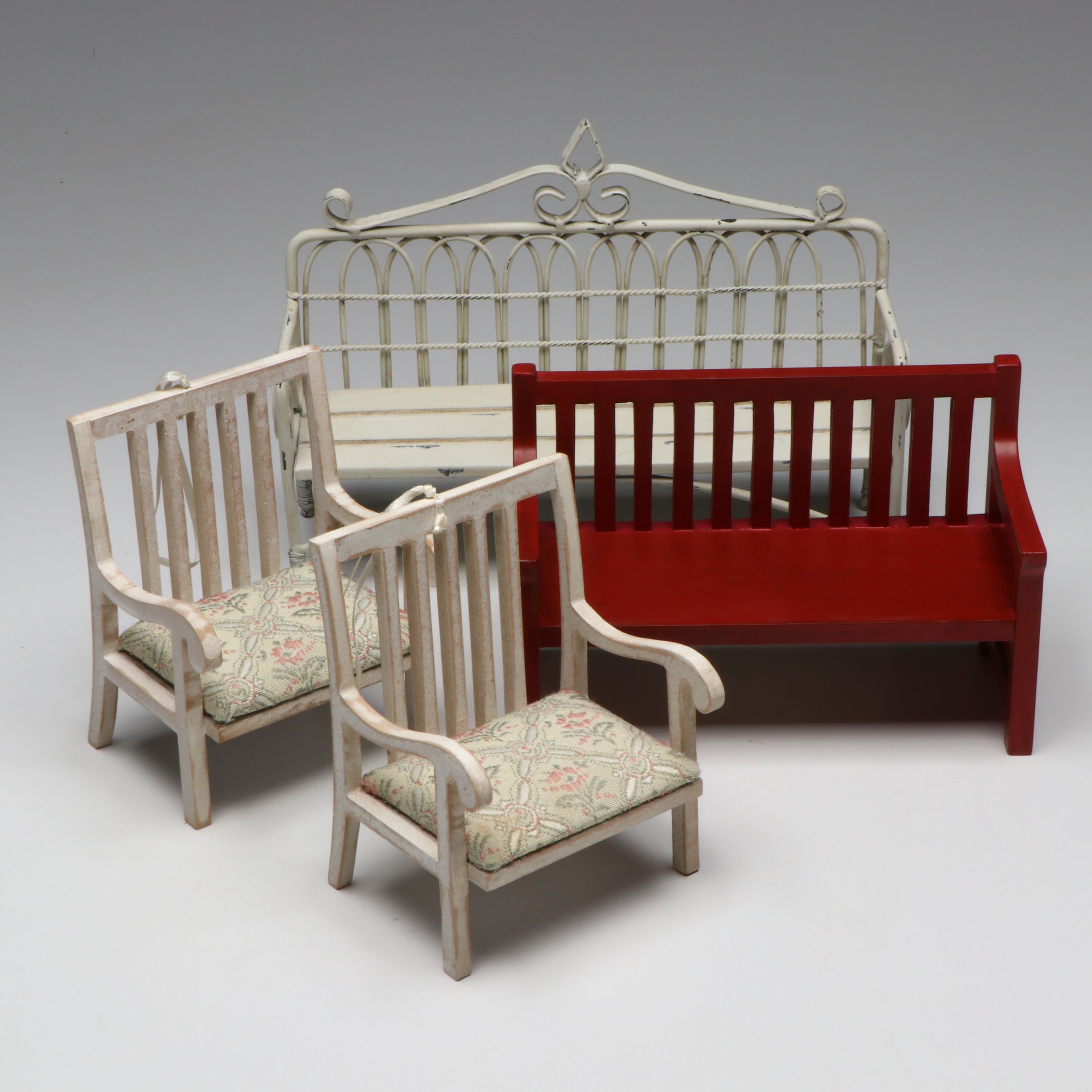 Doll Size Wrought Metal Garden Bench with Other Bench and Cushioned Doll Chairs