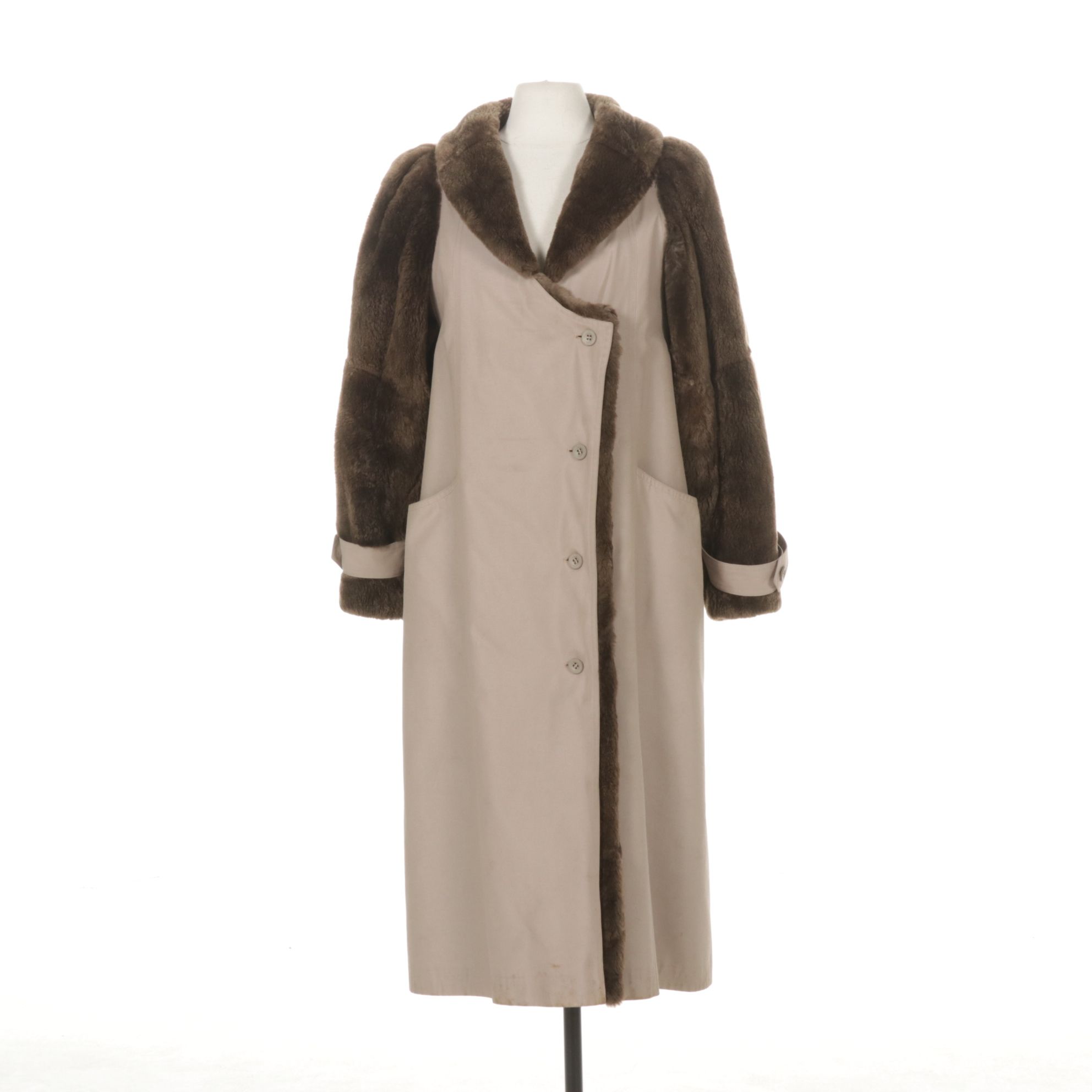 Rabbit Fur Lined Storm Coat with Sheared Beaver Fur Sleeves and Collar