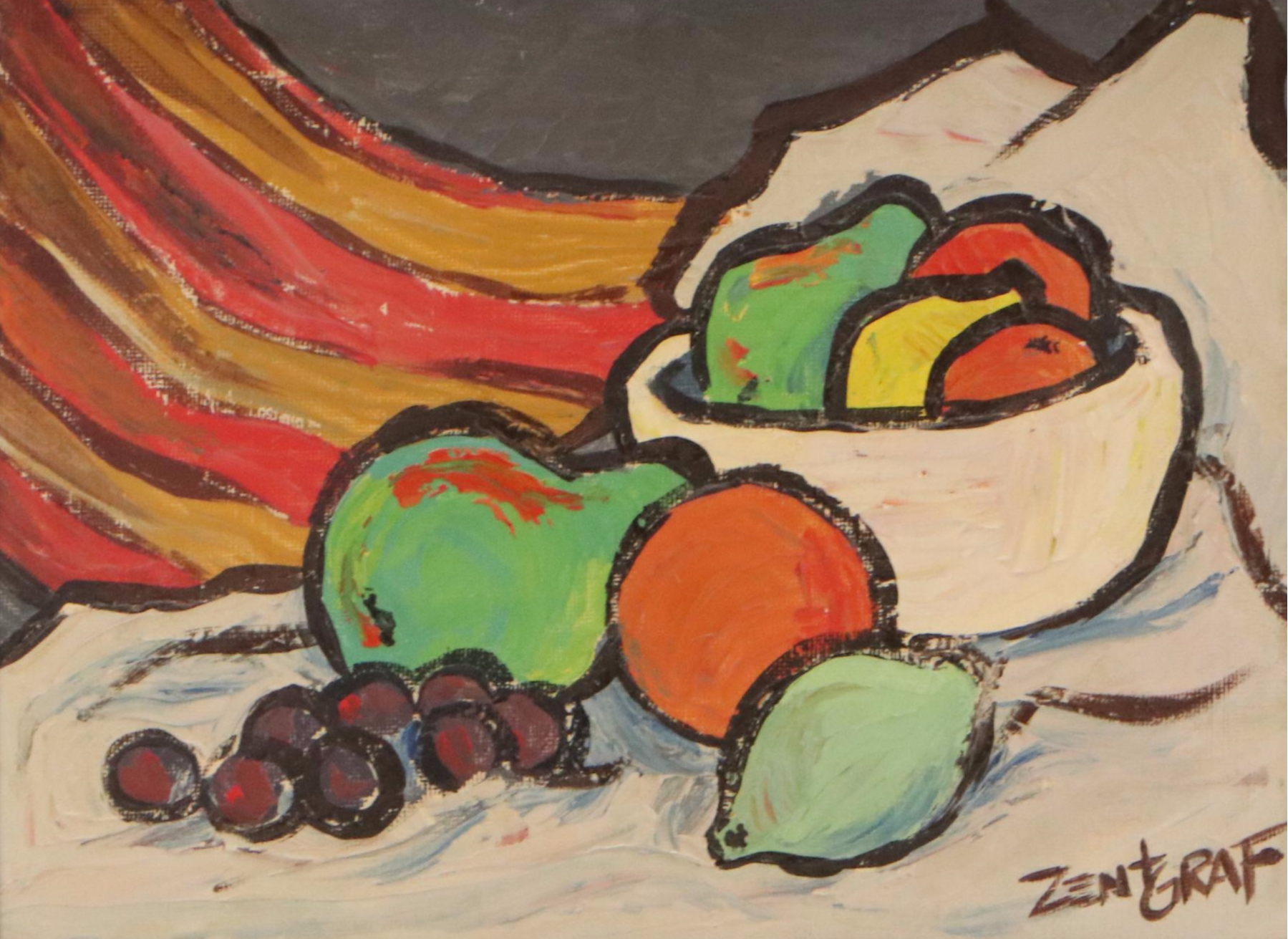 Paul Zentgraf Modernist Still Life with Fruit Oil Painting, Circa 1965