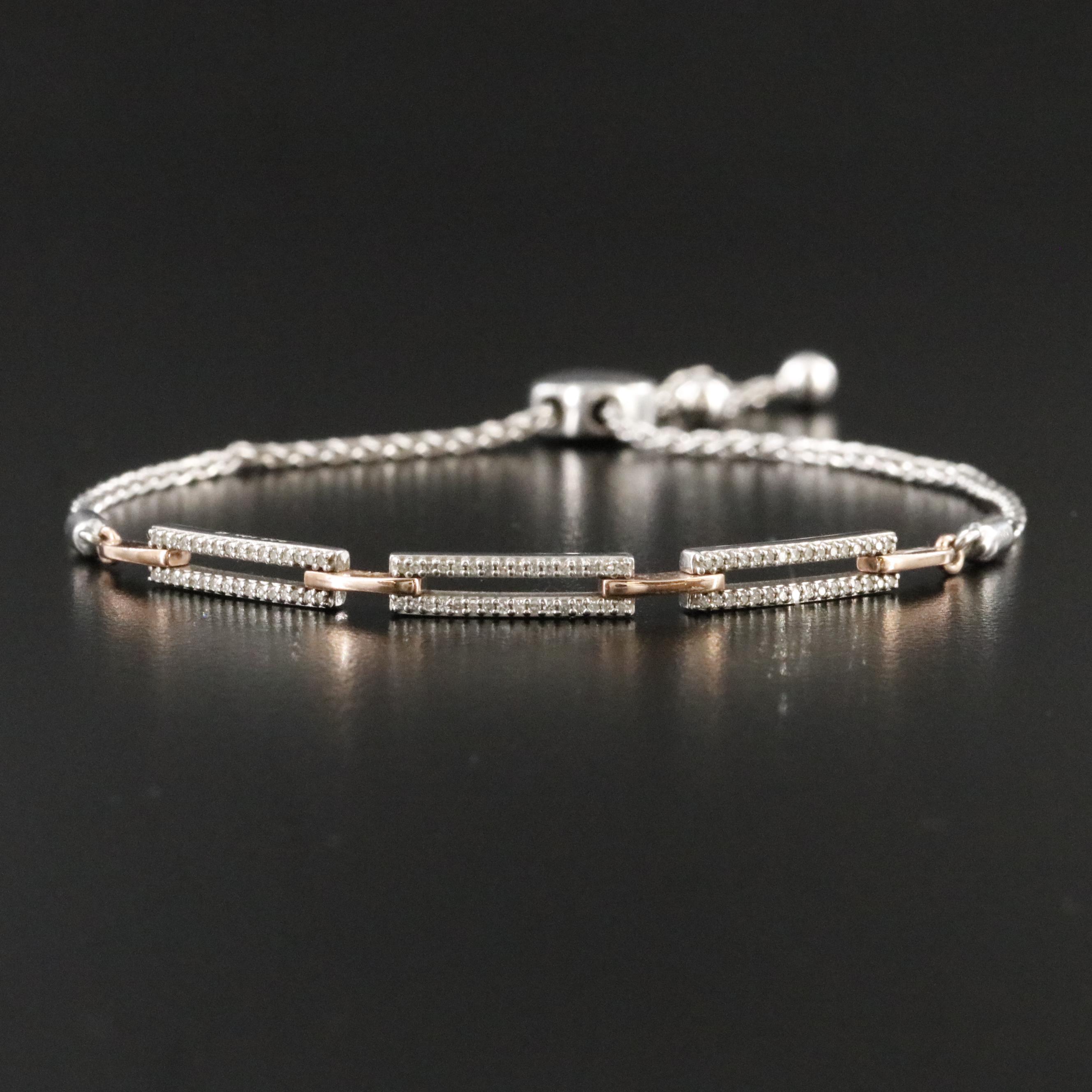 Sterling Diamond Bolo Bracelet with 10K Rose Gold Accents