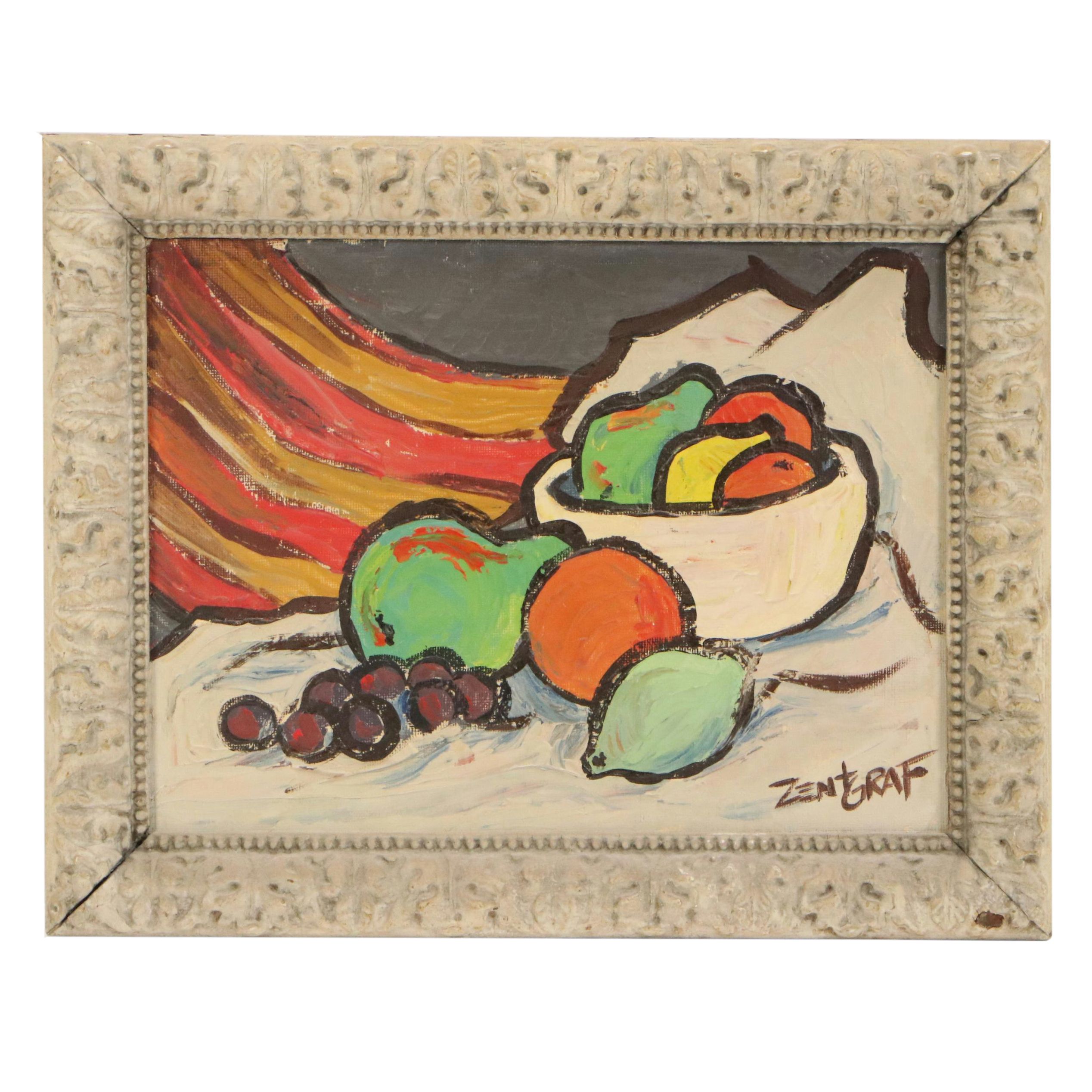 Paul Zentgraf Modernist Still Life with Fruit Oil Painting, Circa 1965