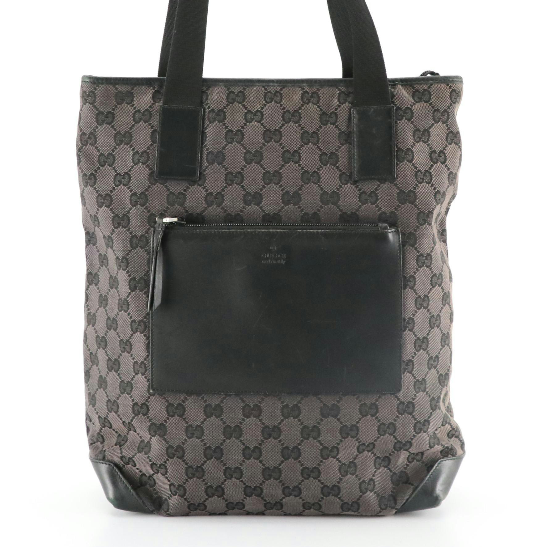 Gucci Front Pocket Shoulder Tote in Dark Grey GG Canvas and Black Leather Trim