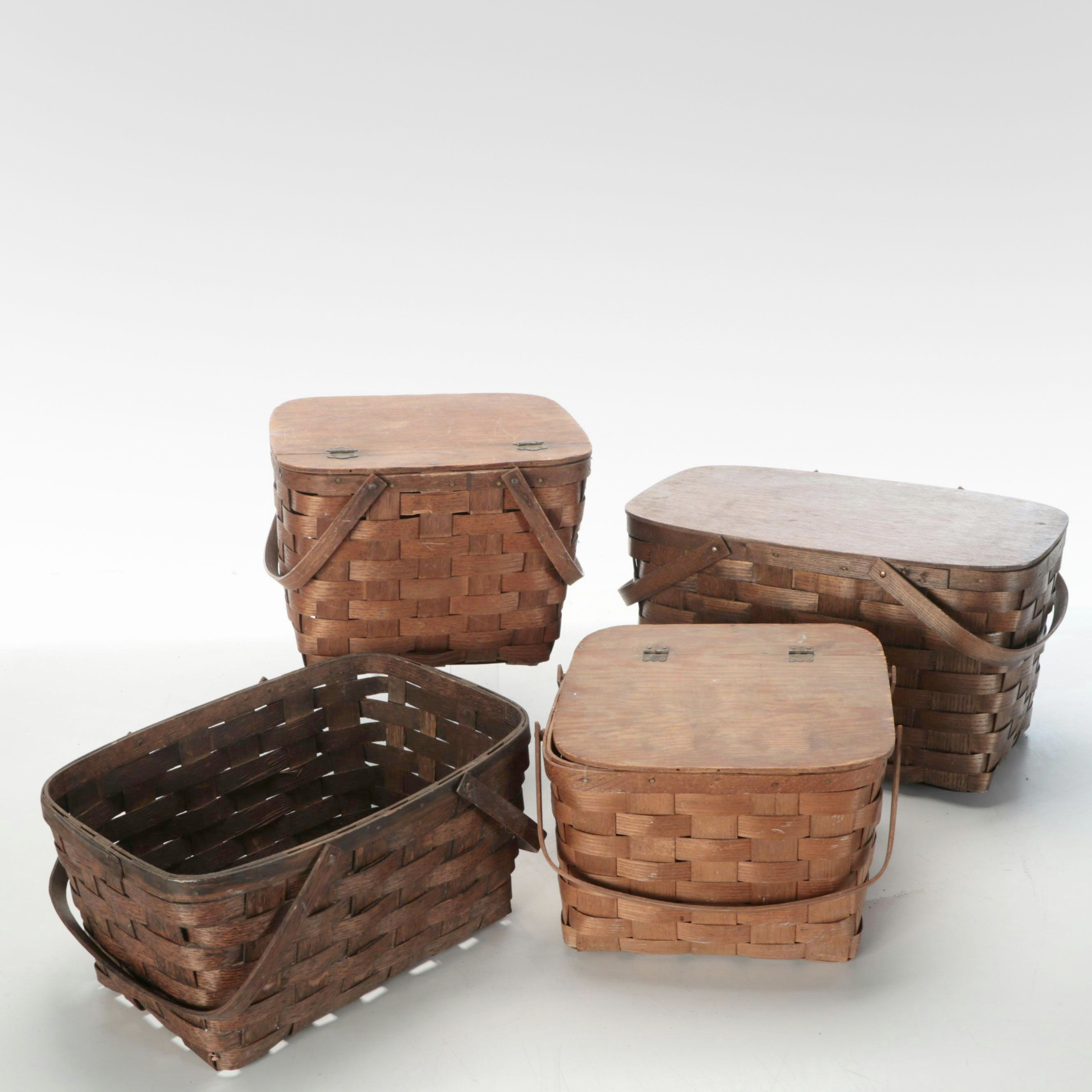 Handwoven Wooden Lidded Baskets, Mid to Late 20th Century
