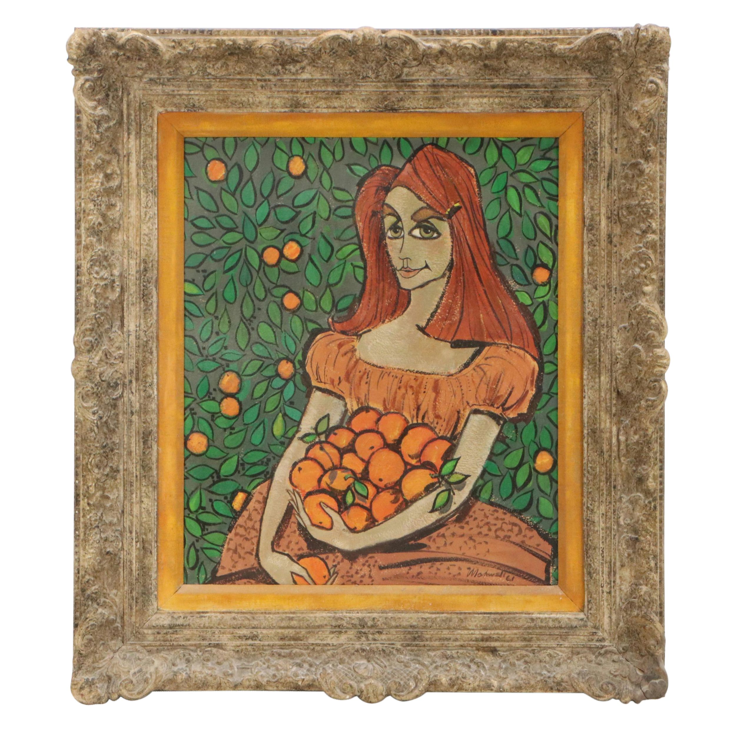 Bill Maxwell Modernist Acrylic Painting Portrait of Woman Holding Oranges, 1961