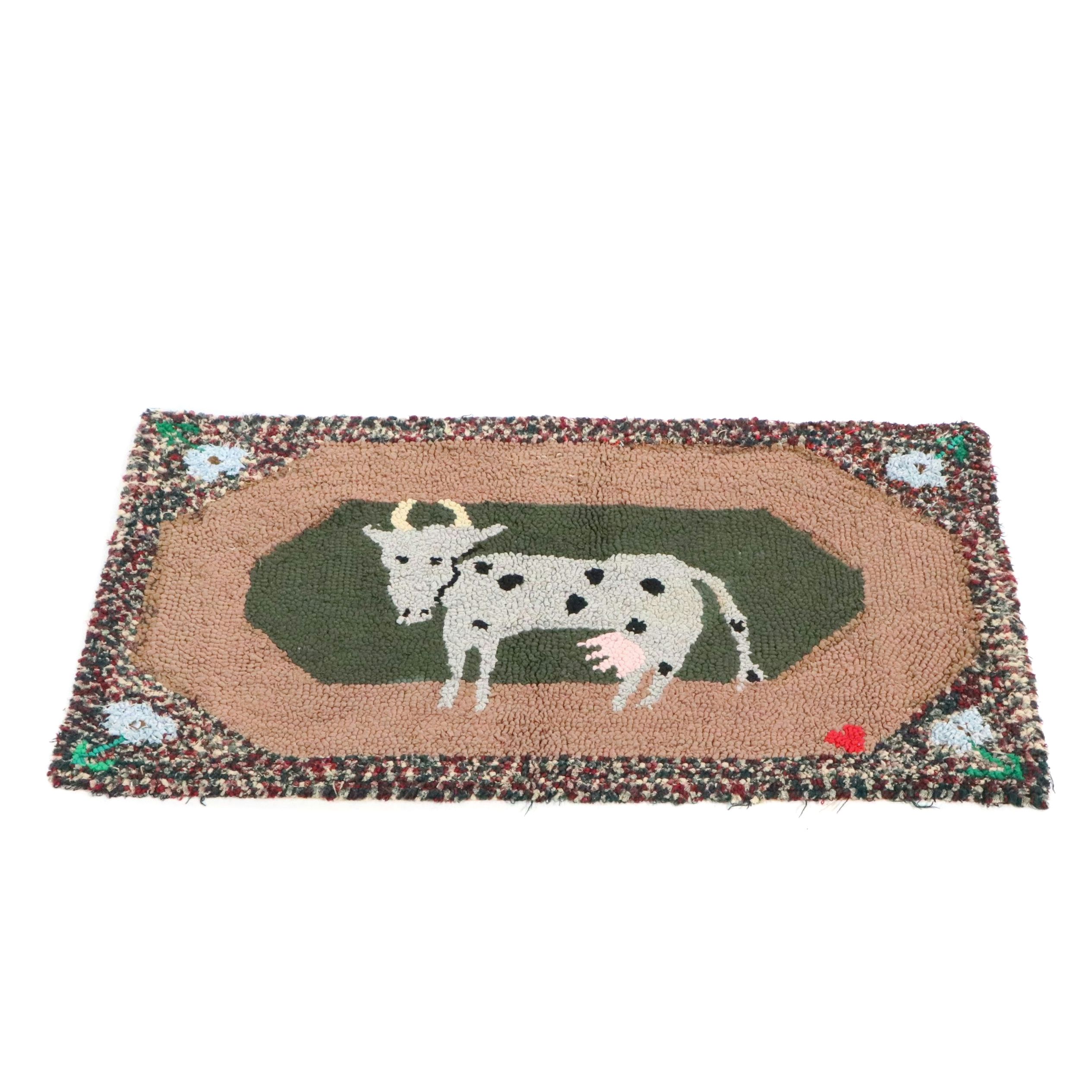 1'11 x 3'2 Handmade Hooked Cow Accent Rug