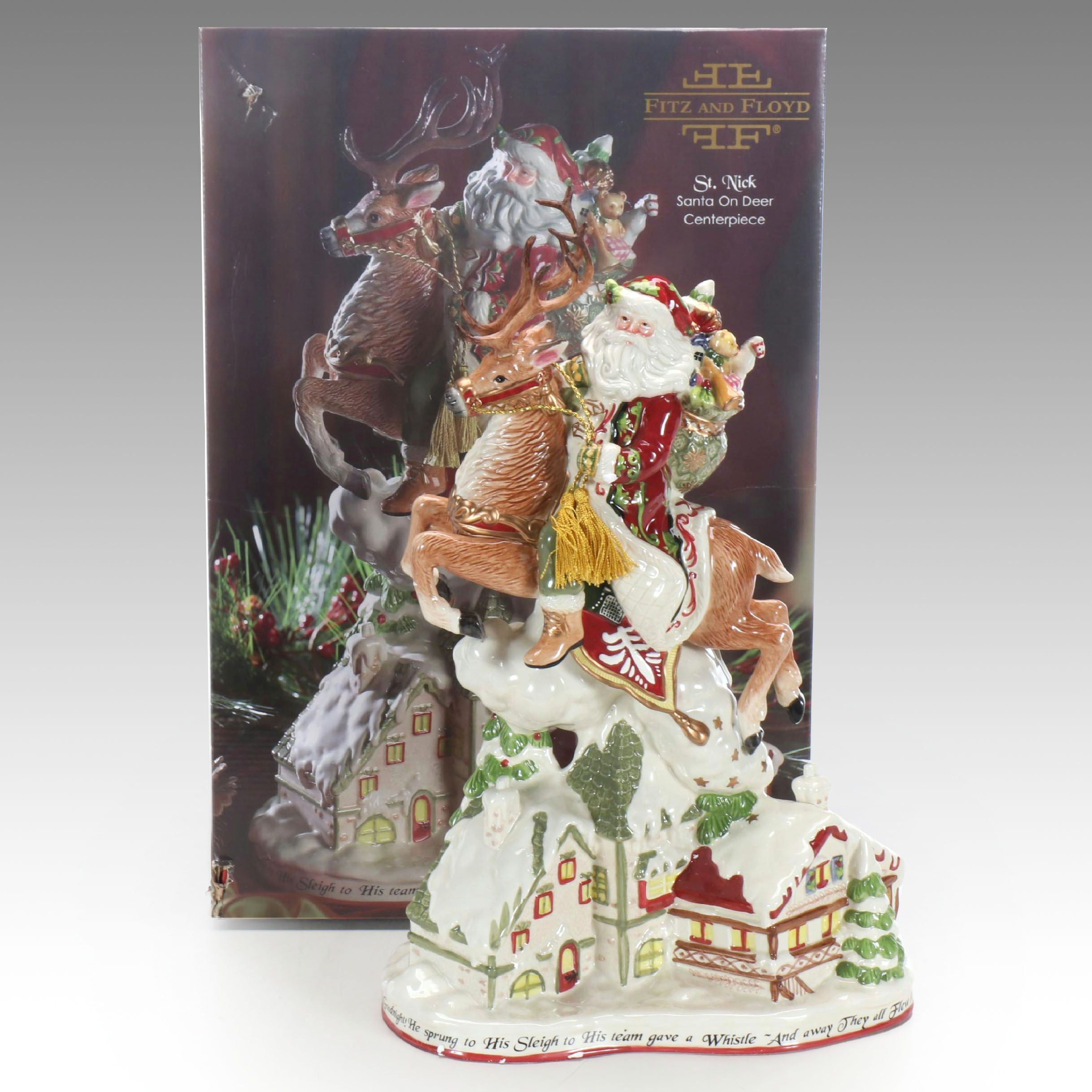 Fitz and Floyd Santa on Deer Porcelain Centerpiece