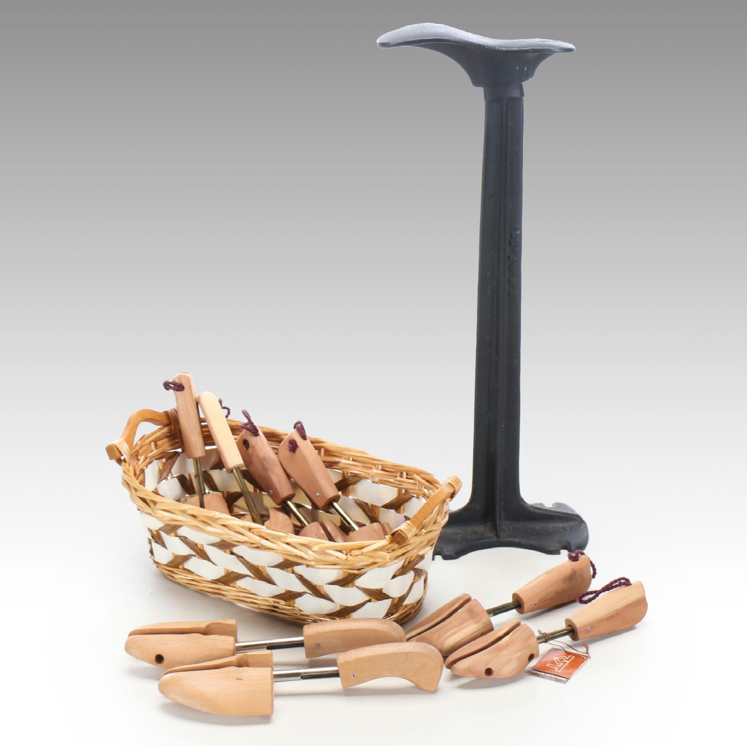 Cast Iron Shoe Cobbler's Anvil with Shoe Forms and Basket