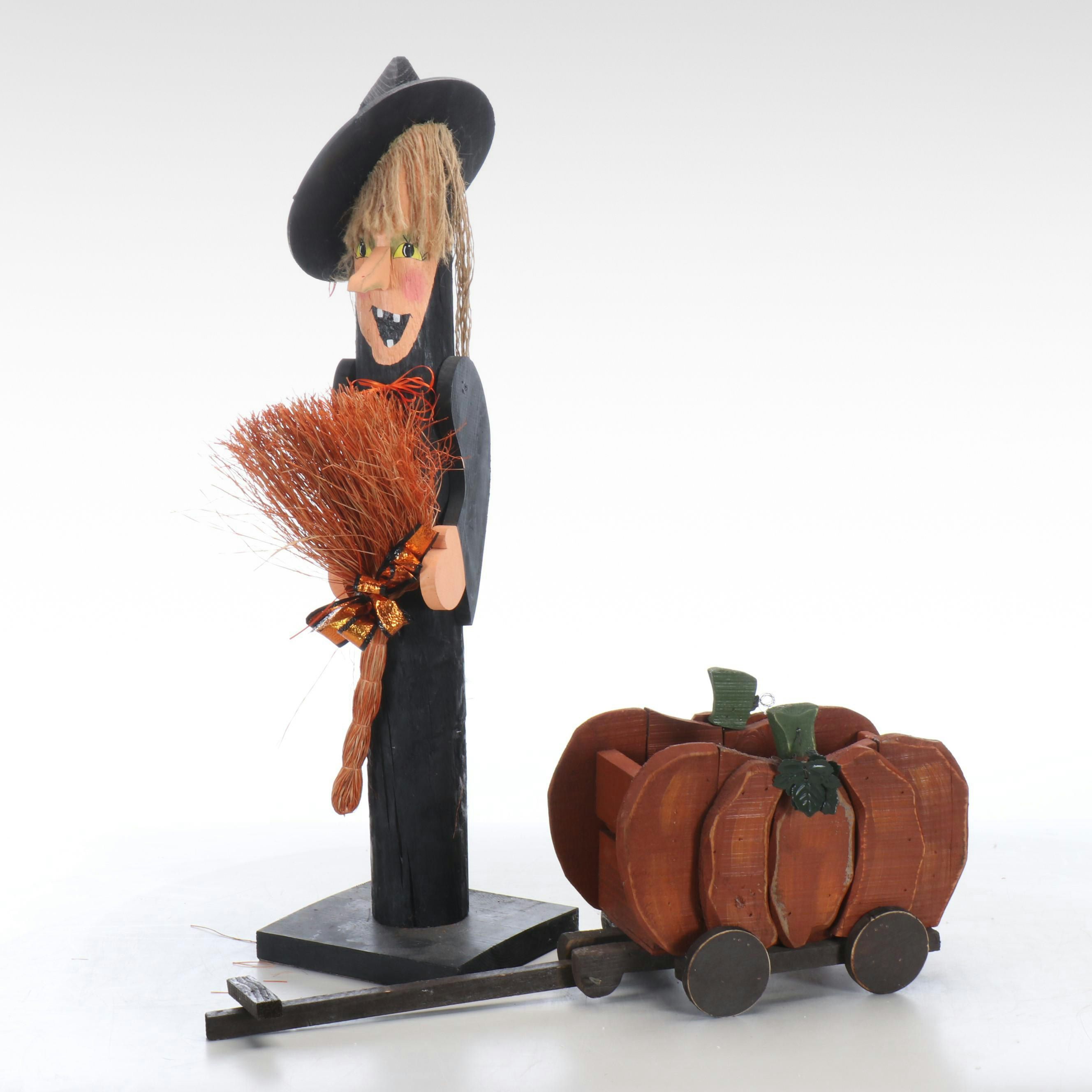 Folk Art Style Wooden Halloween Witch and Pumpkin Wagon
