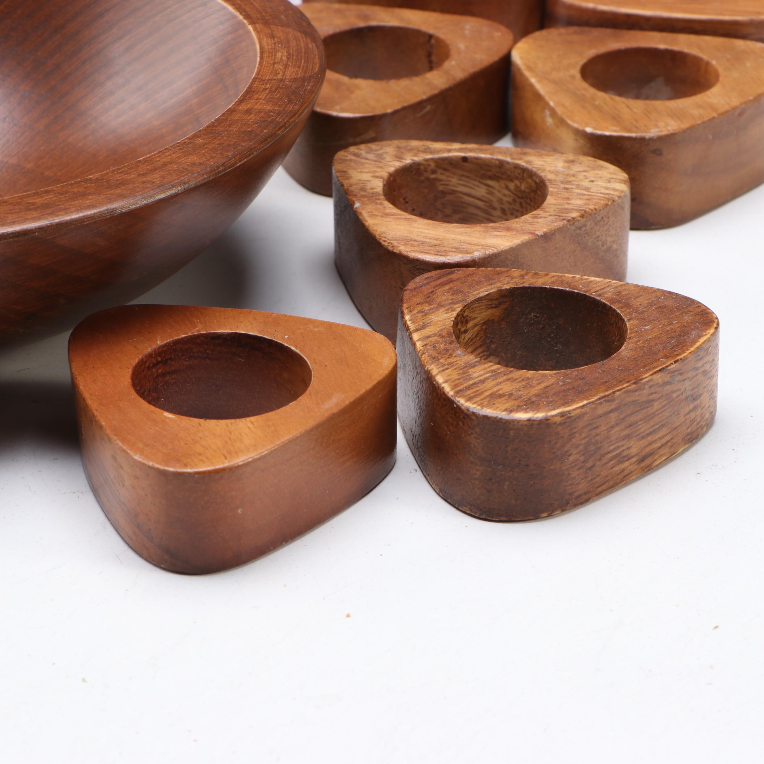 Ceramic Wood Grain Veneer Three-Piece Chip and Dip with Carved Wood Tableware