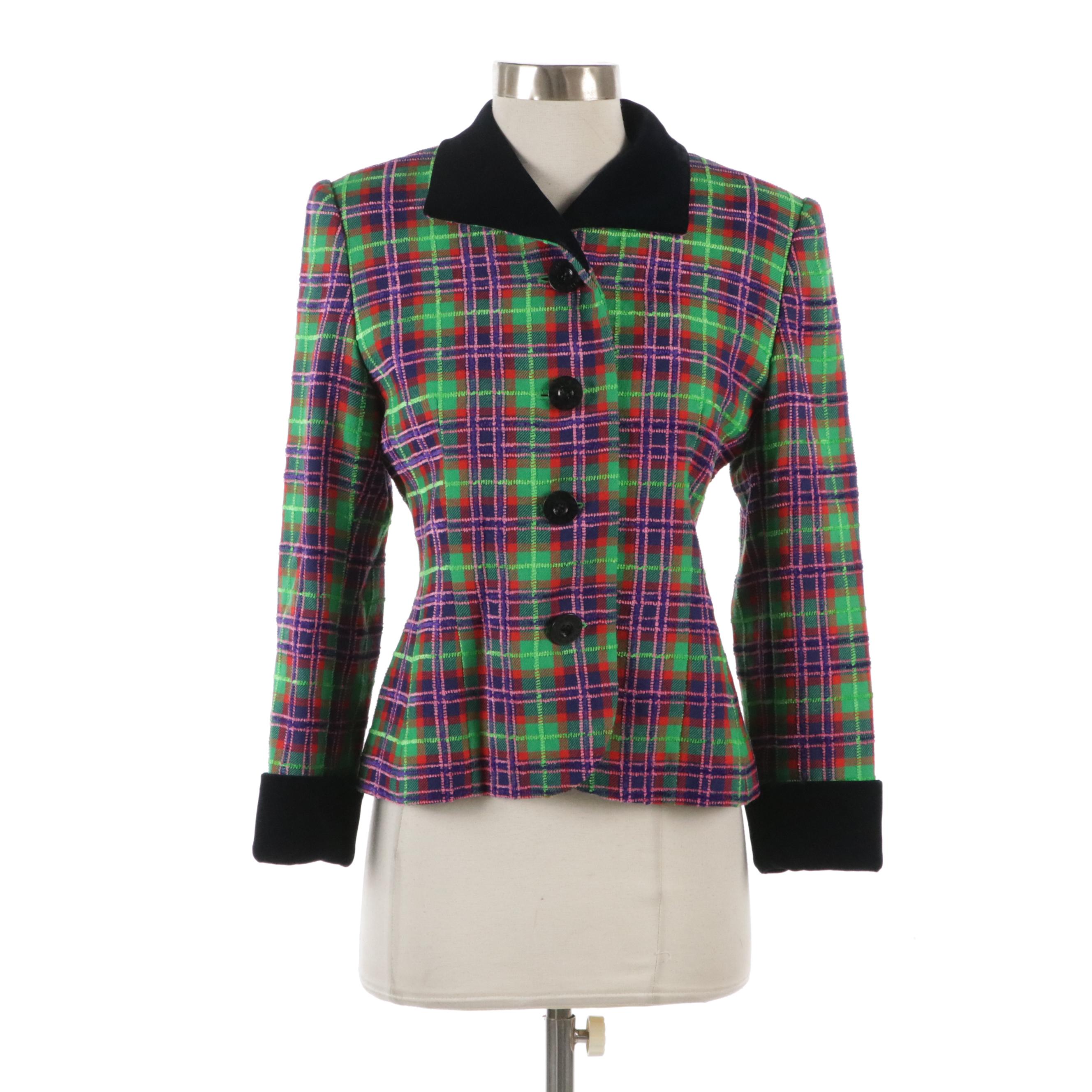 Givenchy Nouvelle Boutique Vintage Textured Tartan Blazer with Navy Velvet Trim