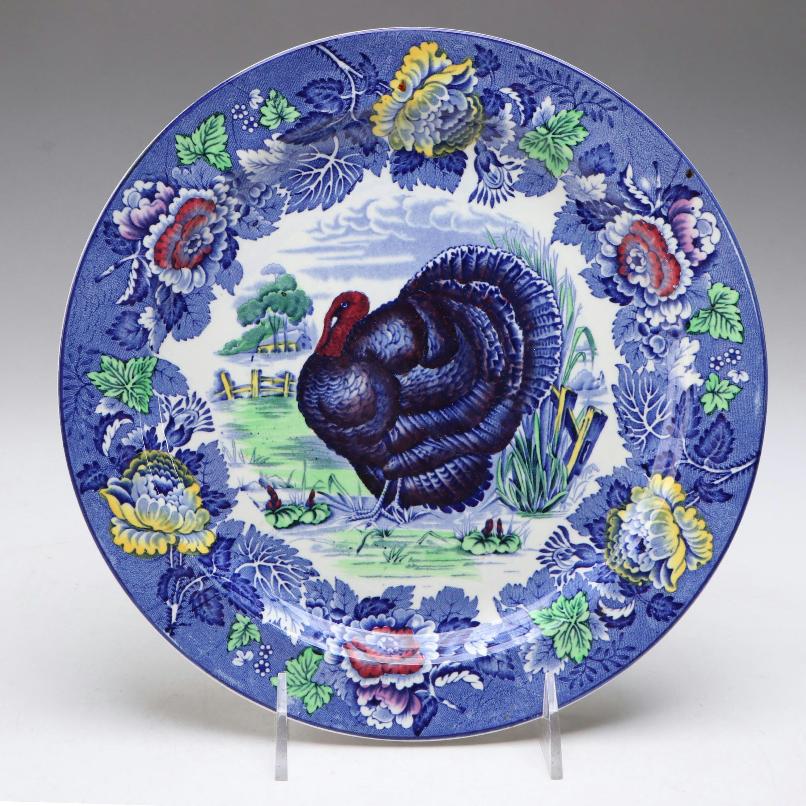 Wood & Sons Blue Polychrome Transferware Tom Turkey Plate, 20th Century