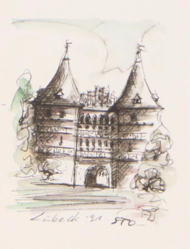 Ink and Watercolor Sketch of Holsten Gate in Lübeck, Germany