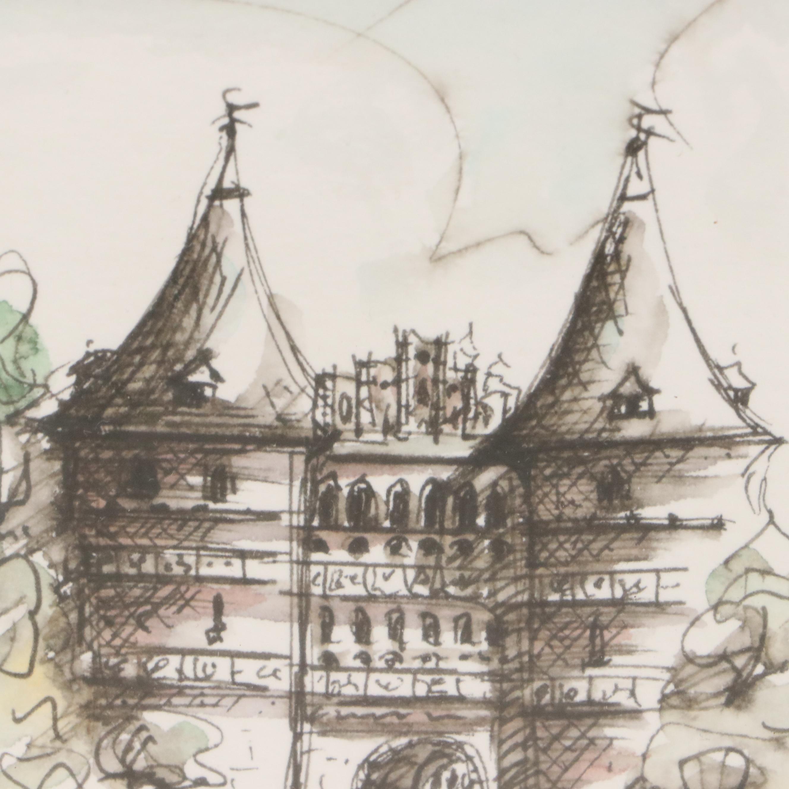 Ink and Watercolor Sketch of Holsten Gate in Lübeck, Germany