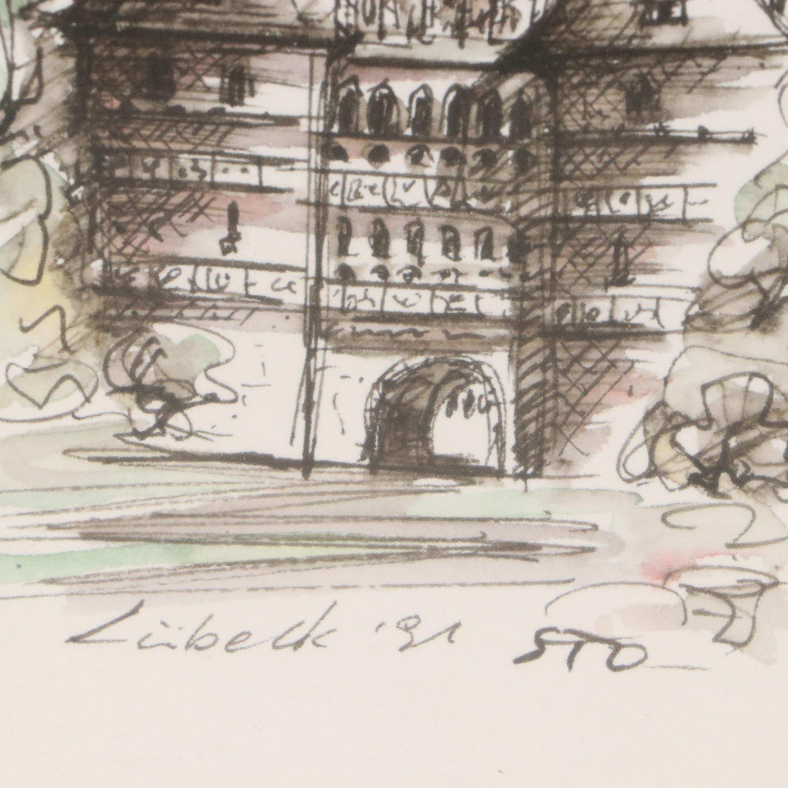 Ink and Watercolor Sketch of Holsten Gate in Lübeck, Germany