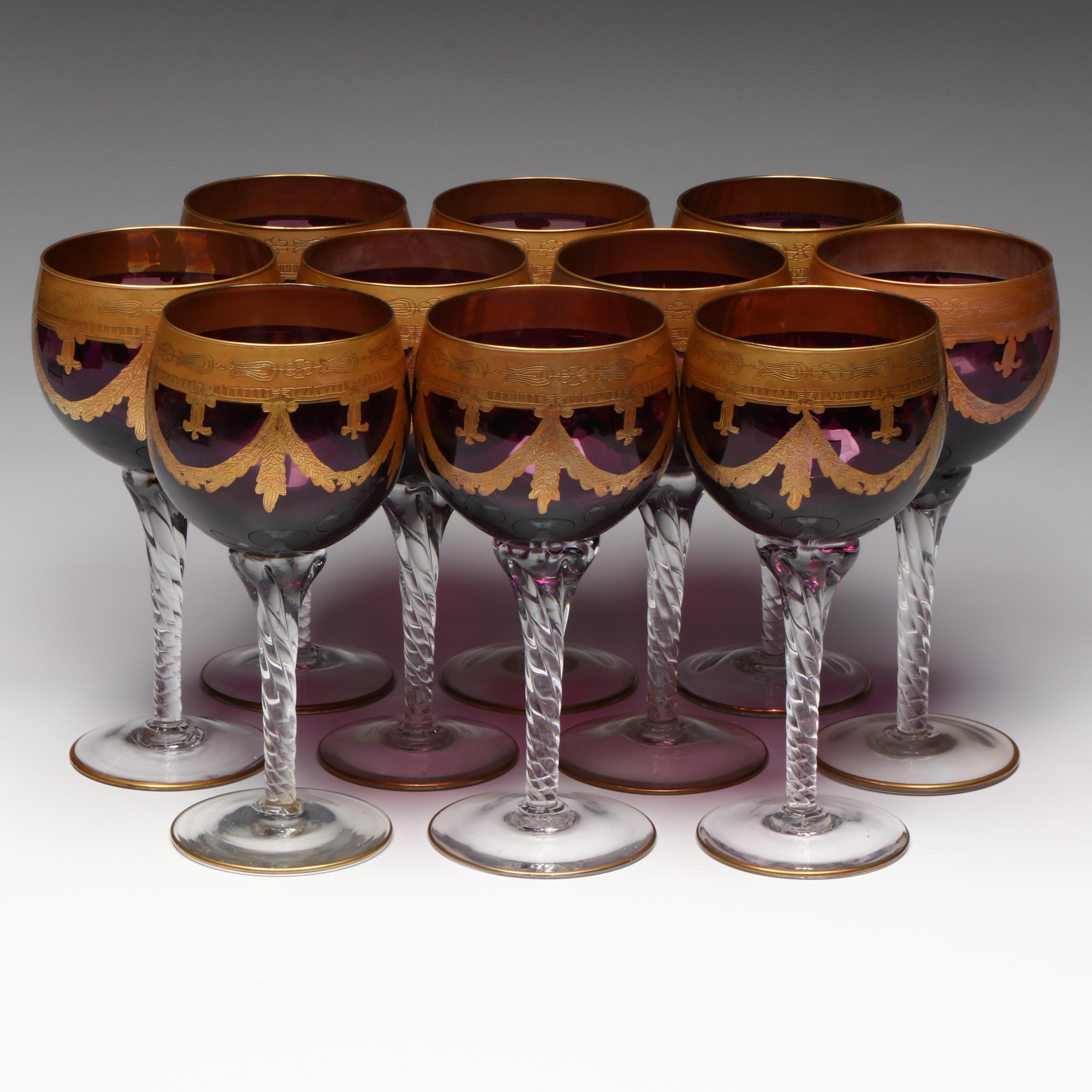 Gilt-Decorated Amethyst Glass Hock Wine Glasses with Clear Twist Stems