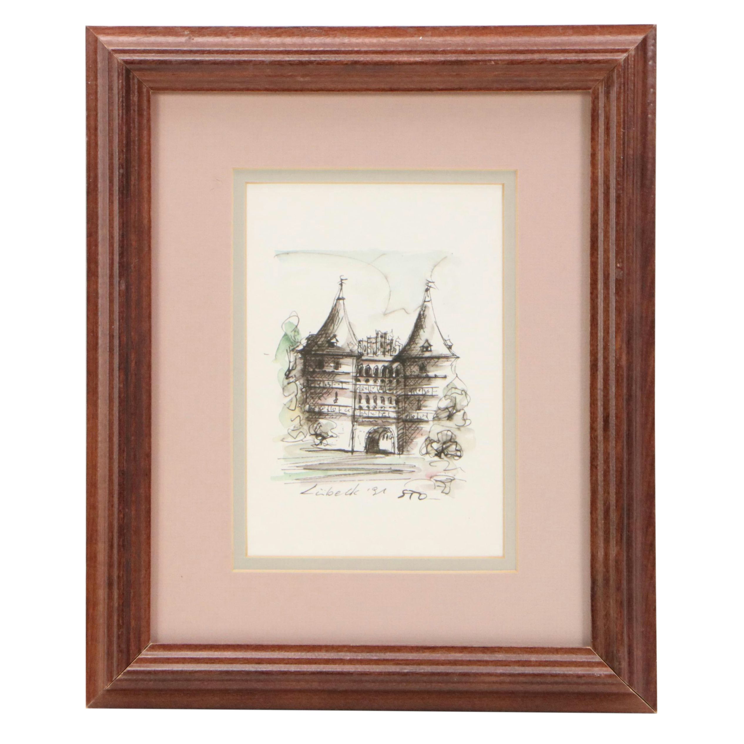 Ink and Watercolor Sketch of Holsten Gate in Lübeck, Germany