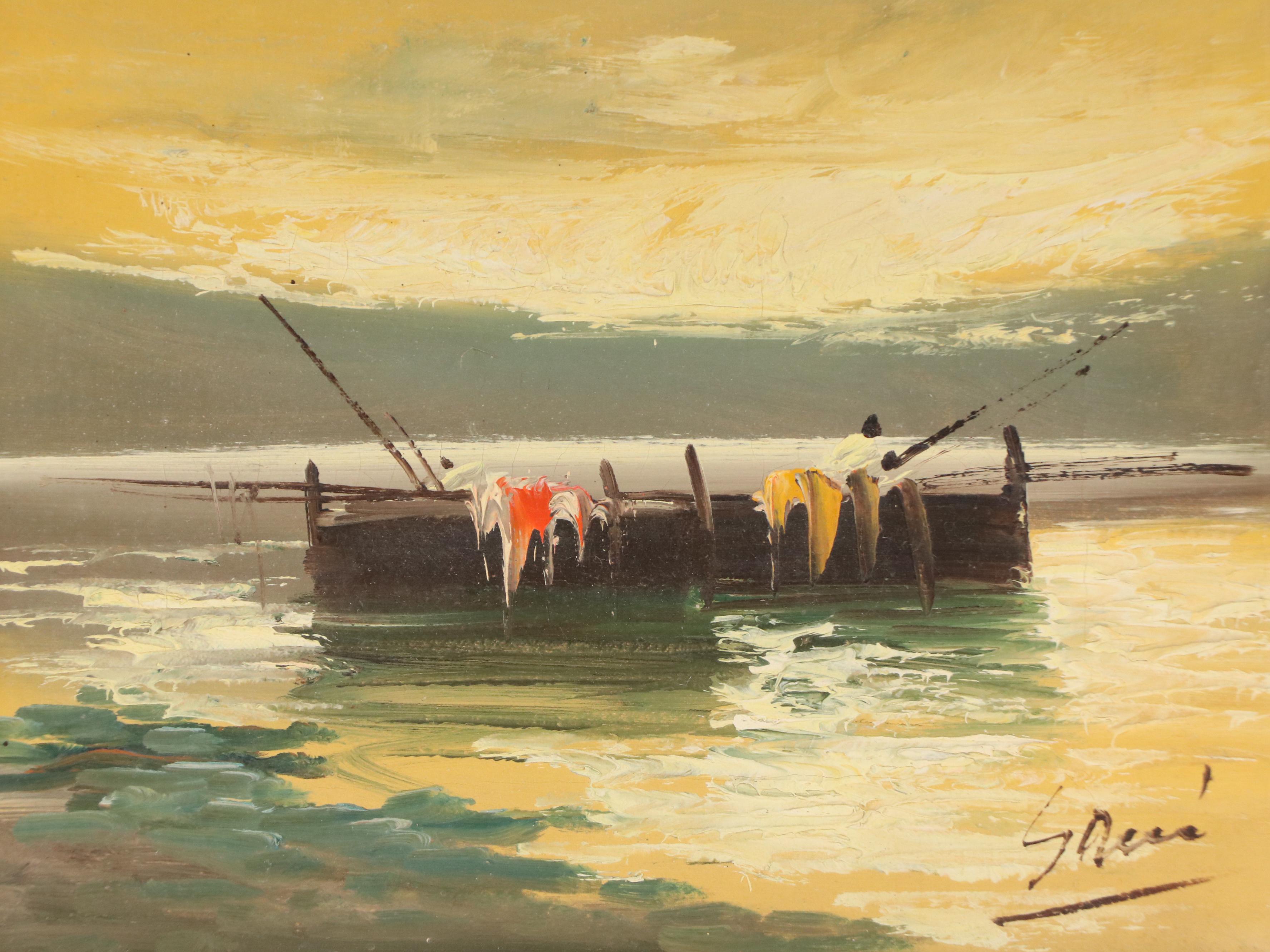 Oil Painting of Fishing Boats on Lake, Mid-20th Century