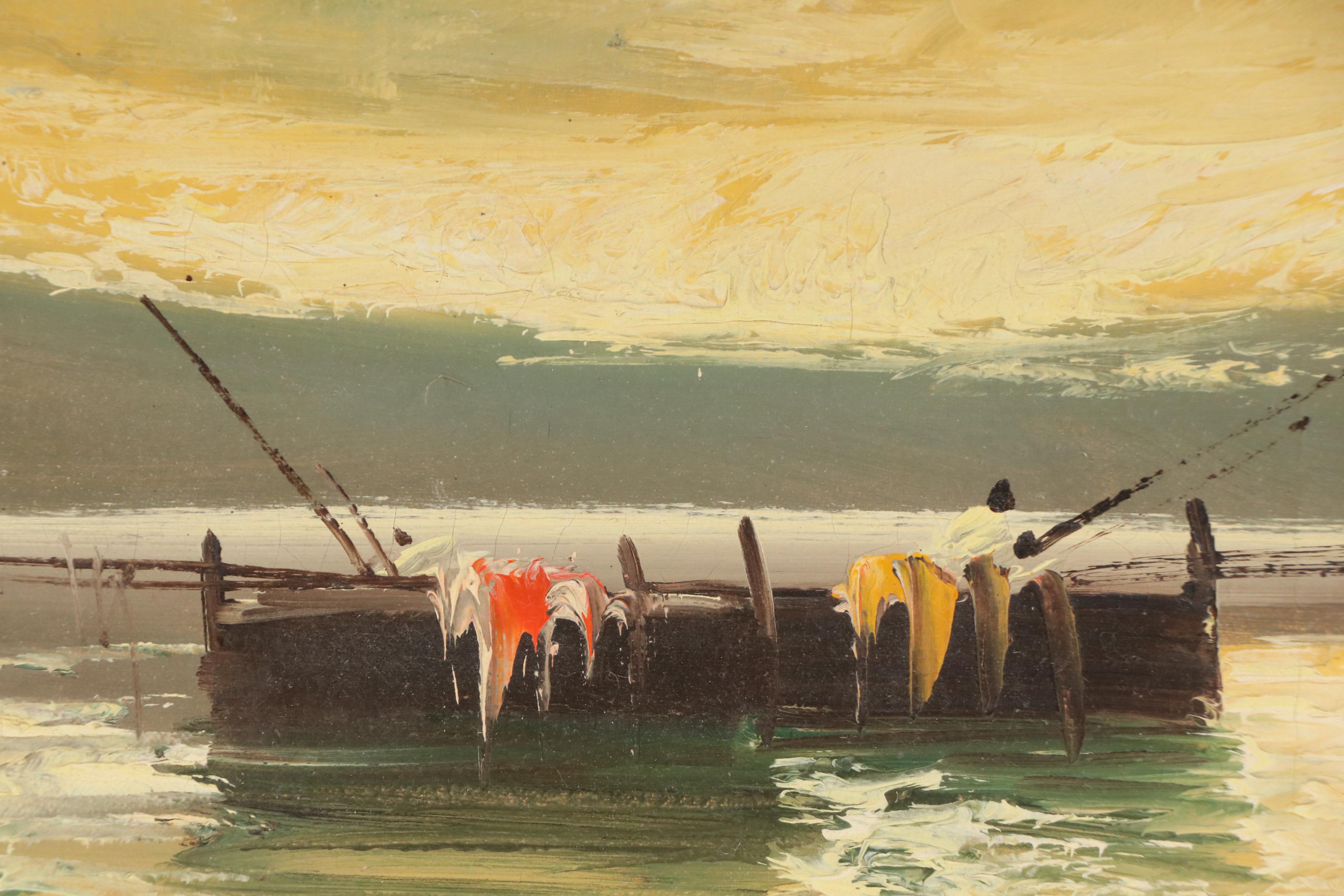 Oil Painting of Fishing Boats on Lake, Mid-20th Century