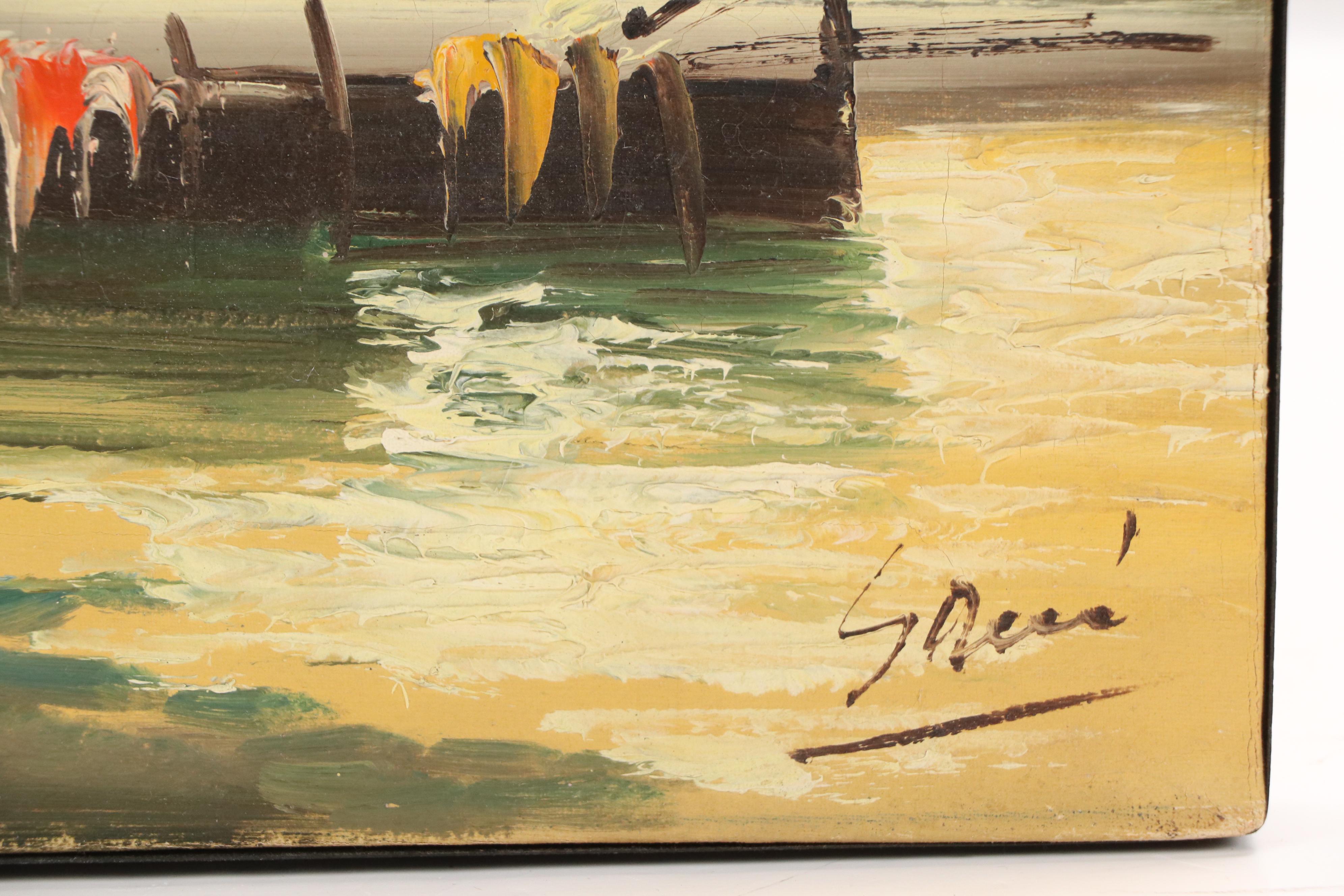 Oil Painting of Fishing Boats on Lake, Mid-20th Century