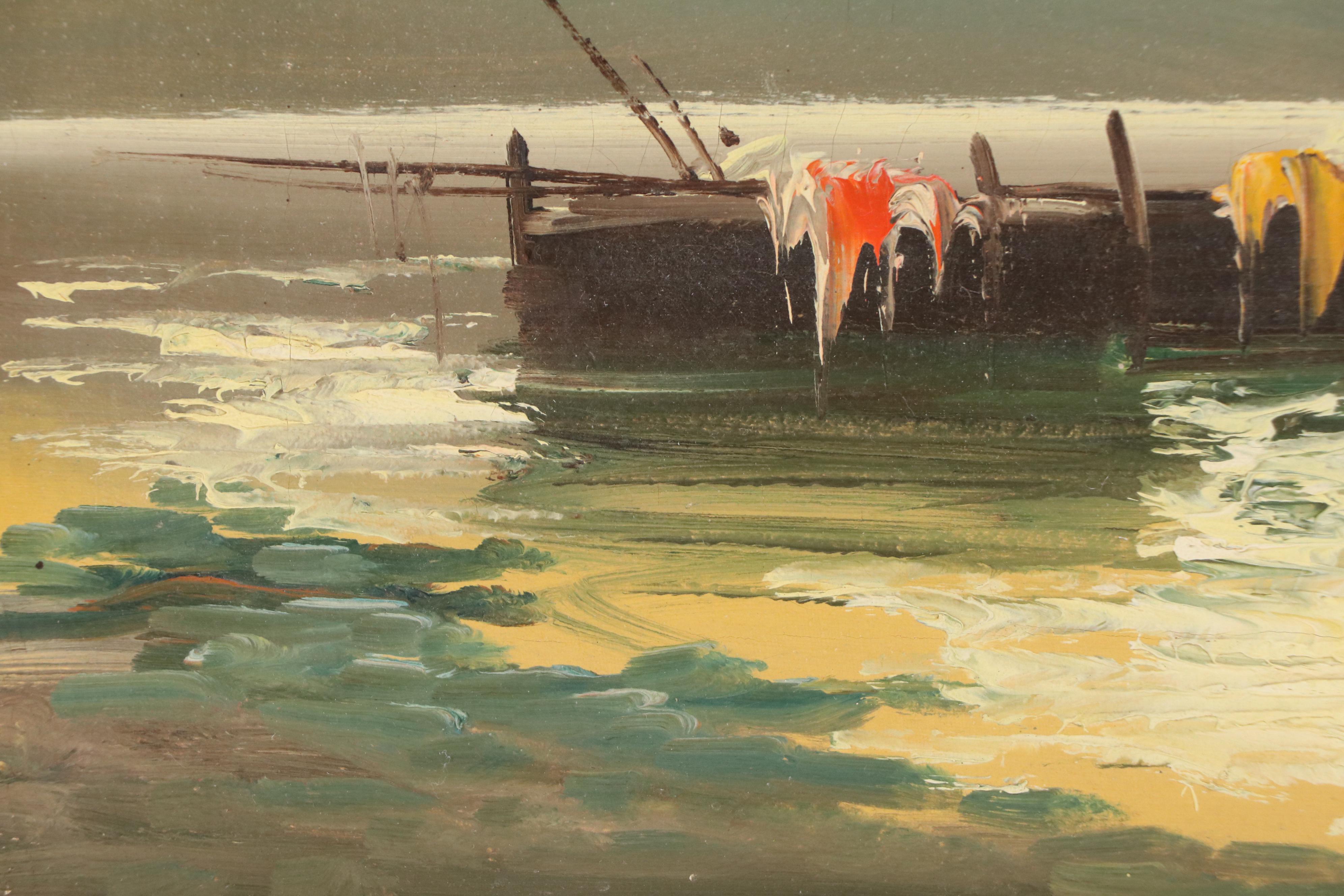 Oil Painting of Fishing Boats on Lake, Mid-20th Century