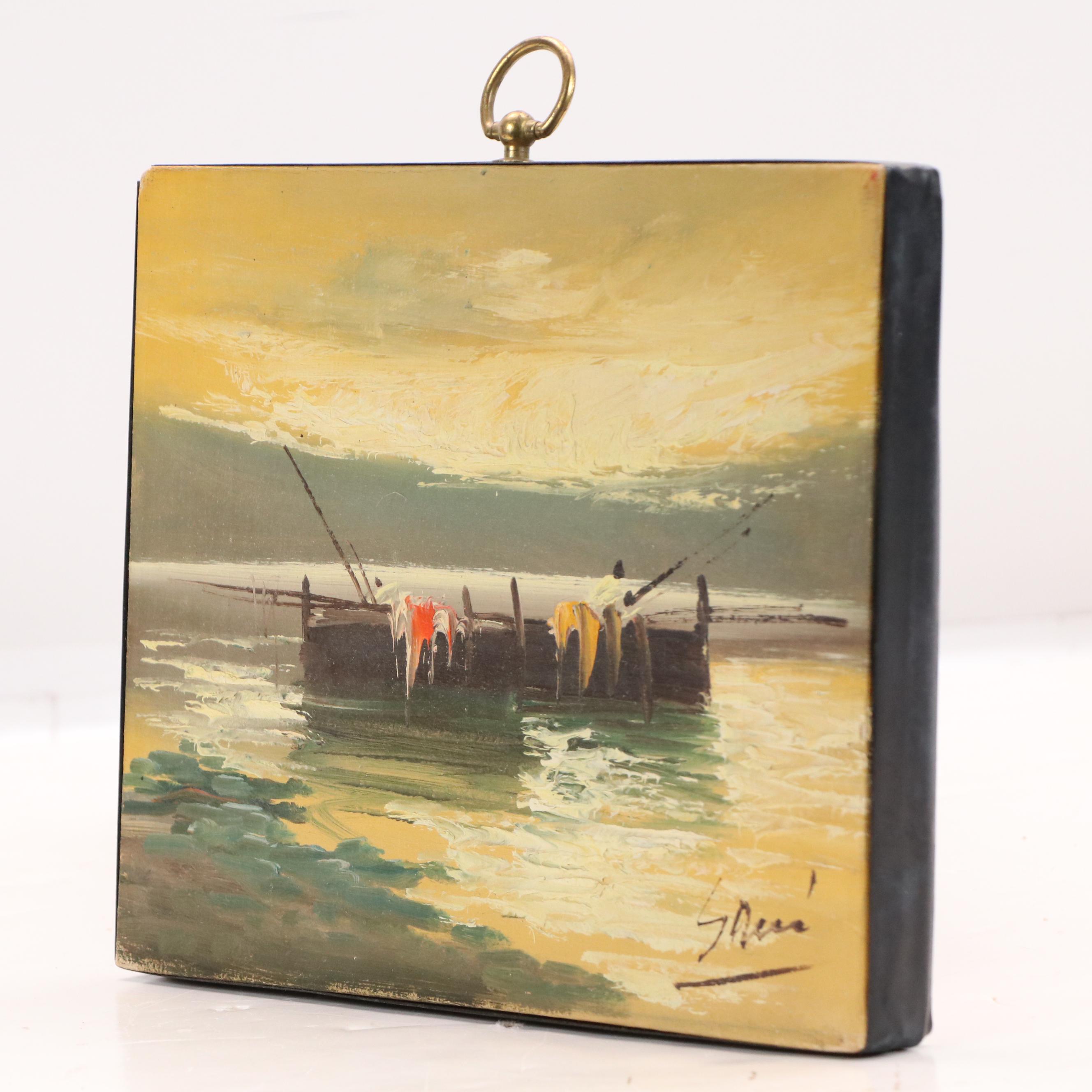 Oil Painting of Fishing Boats on Lake, Mid-20th Century