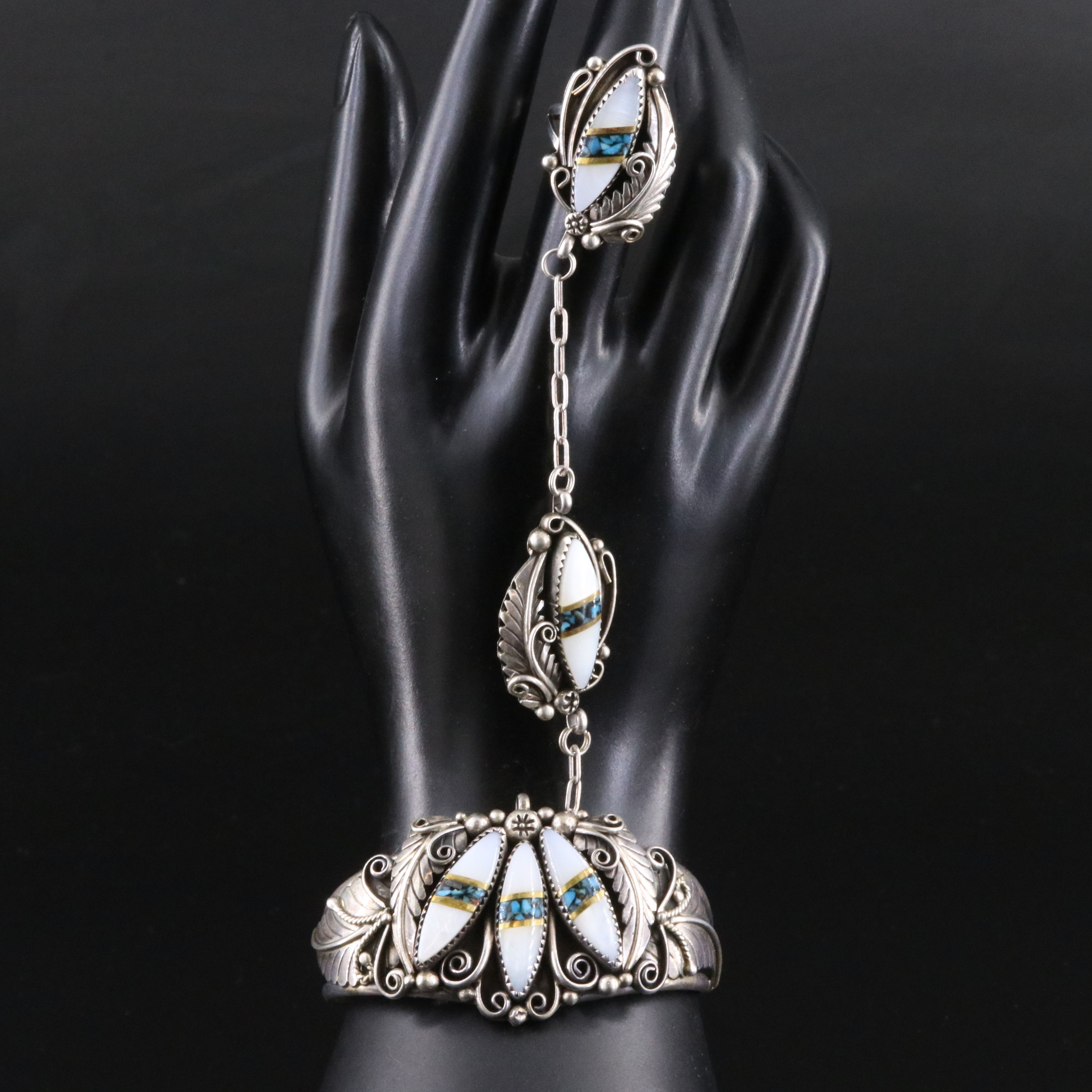 Southwestern Signed Sterling Mother-of-Pearl Hand Chain Bracelet