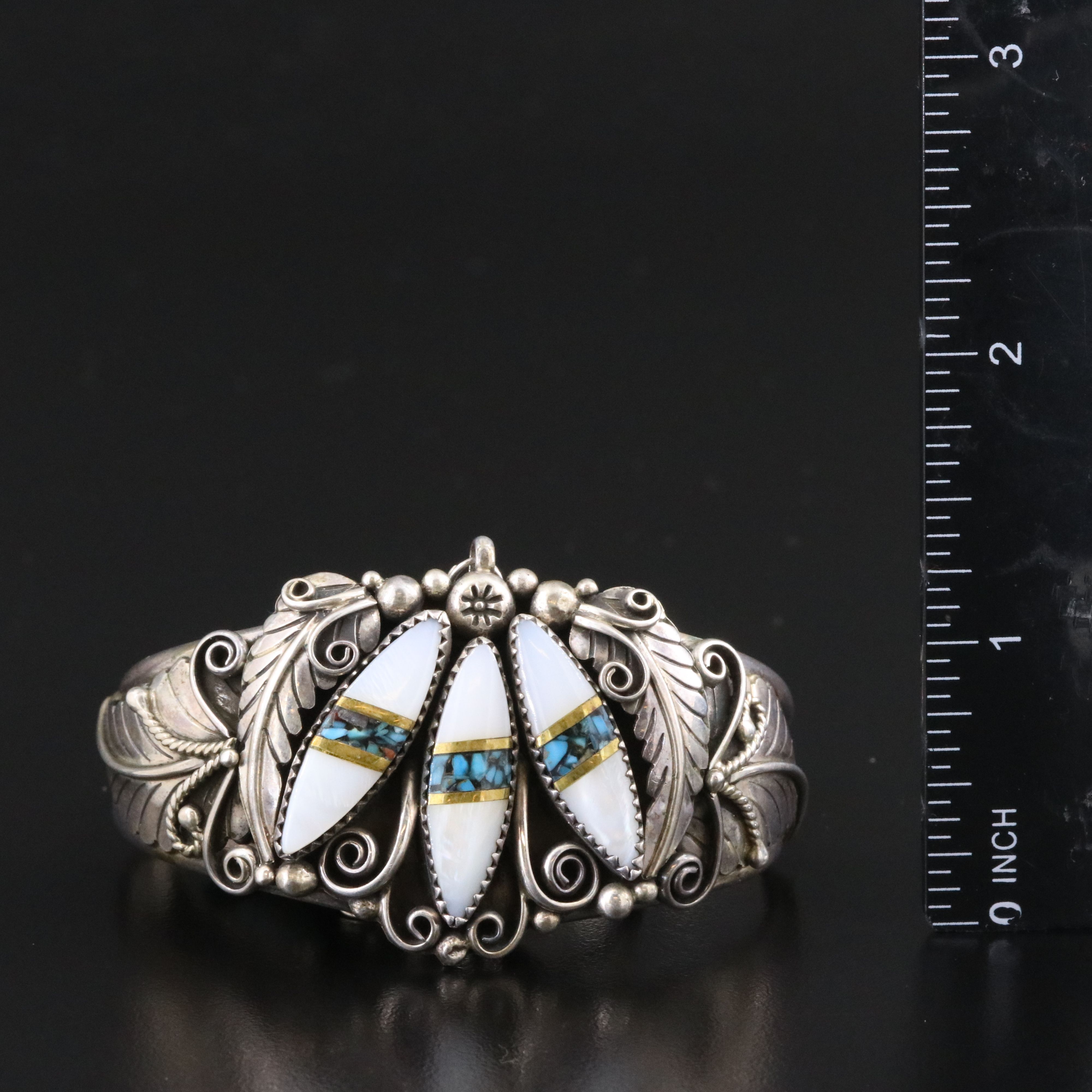 Southwestern Signed Sterling Mother-of-Pearl Hand Chain Bracelet