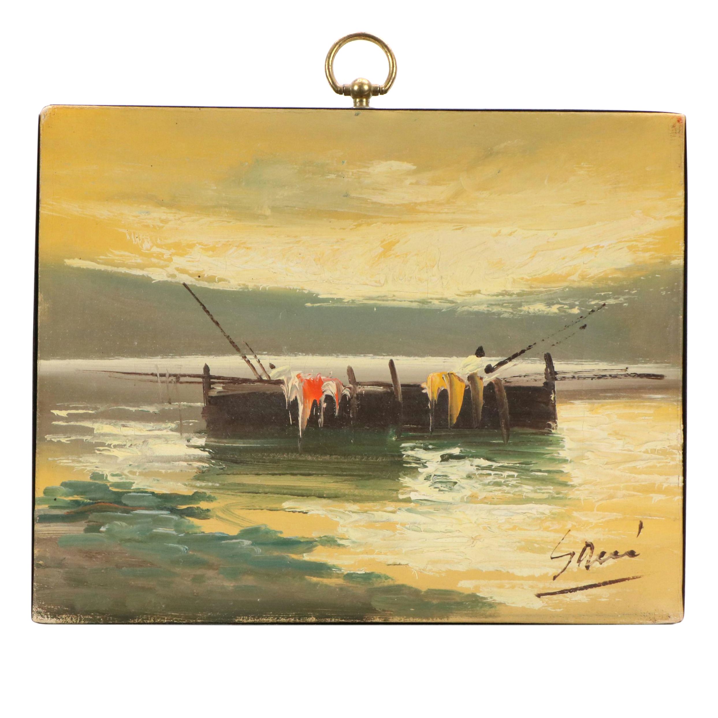 Oil Painting of Fishing Boats on Lake, Mid-20th Century