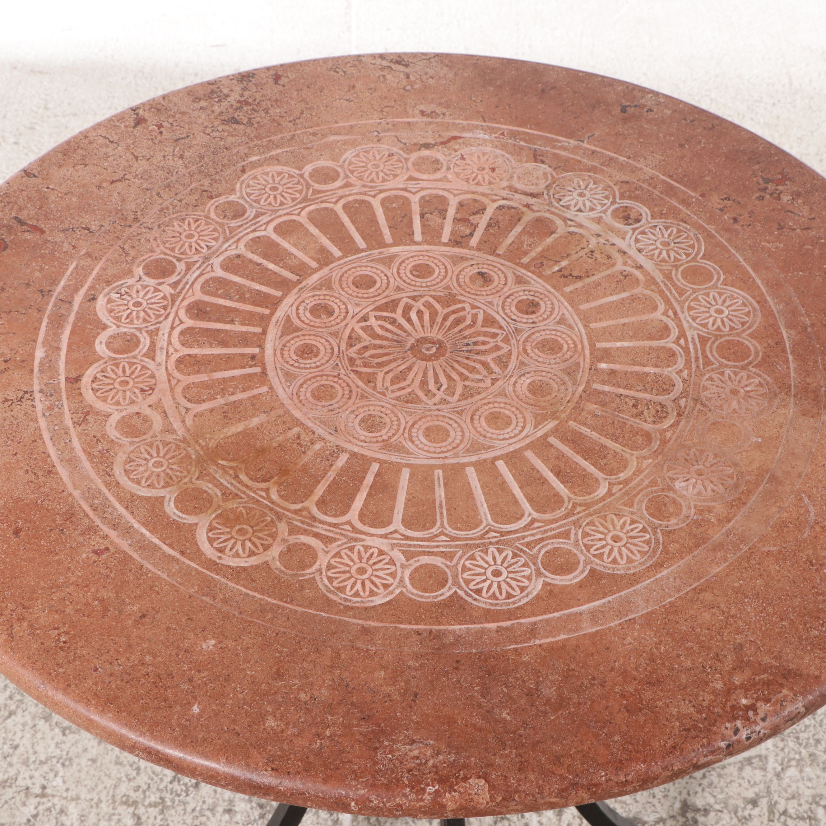 Wrought Iron Bistro Table with Engraved Stone Top with Side Chairs