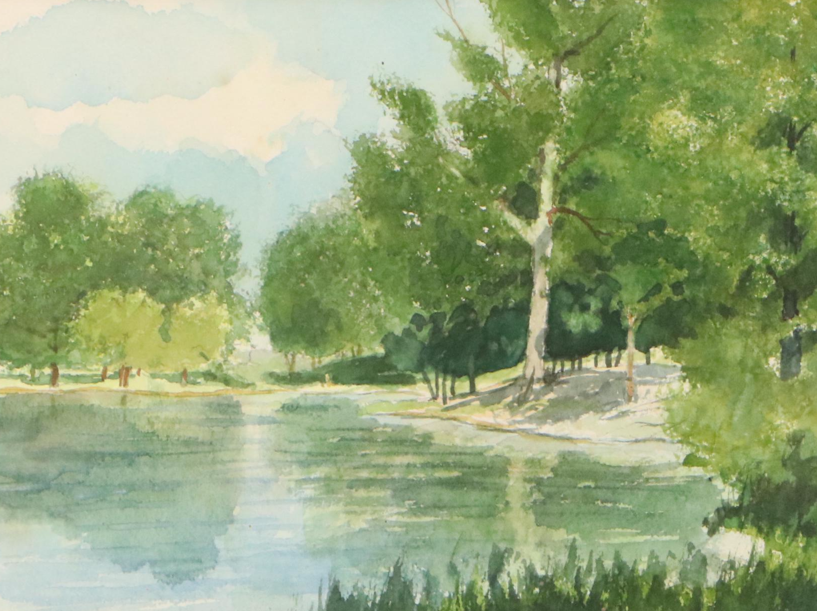 Landscape Watercolor Painting "Lakeside," Late 20th to 21st Century