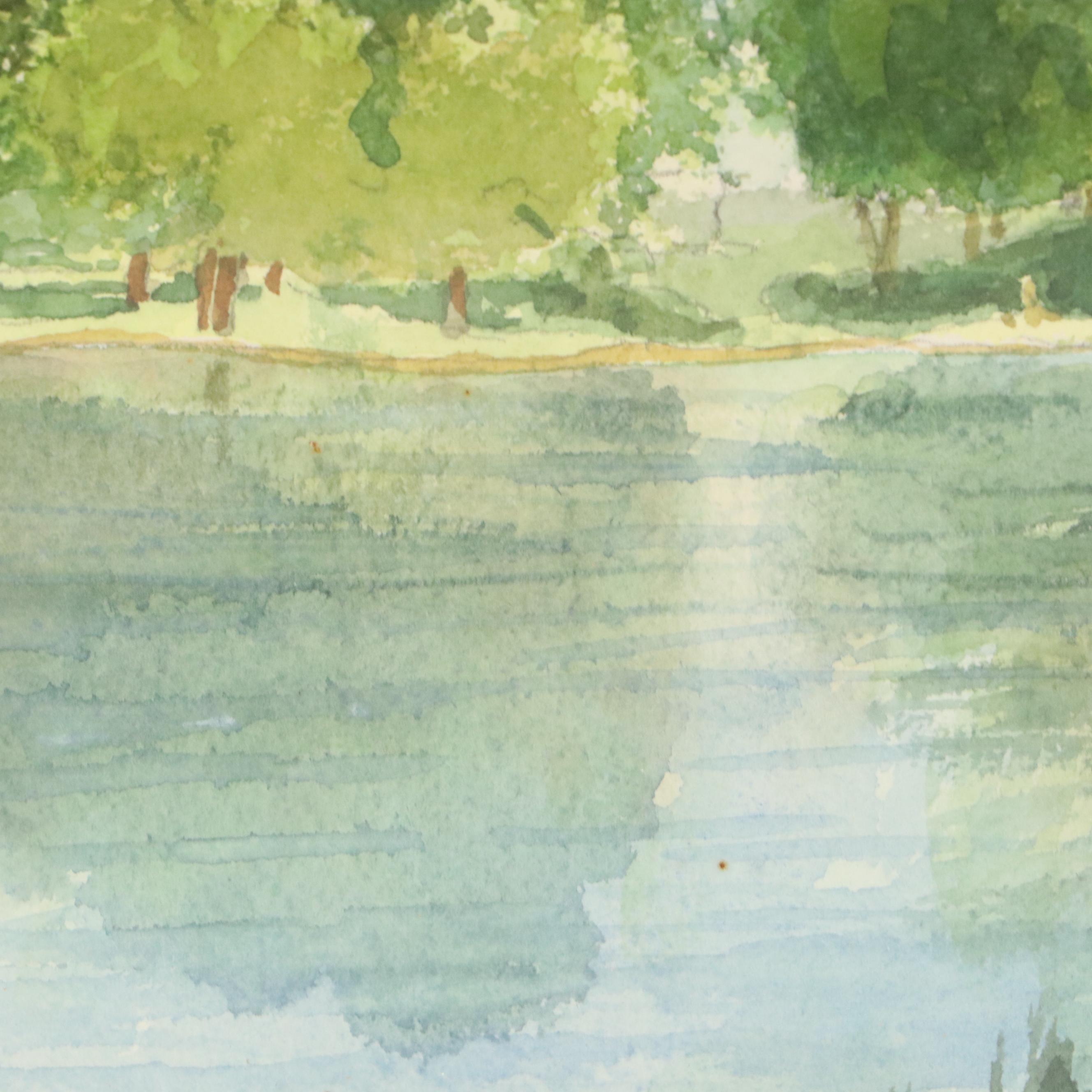 Landscape Watercolor Painting "Lakeside," Late 20th to 21st Century