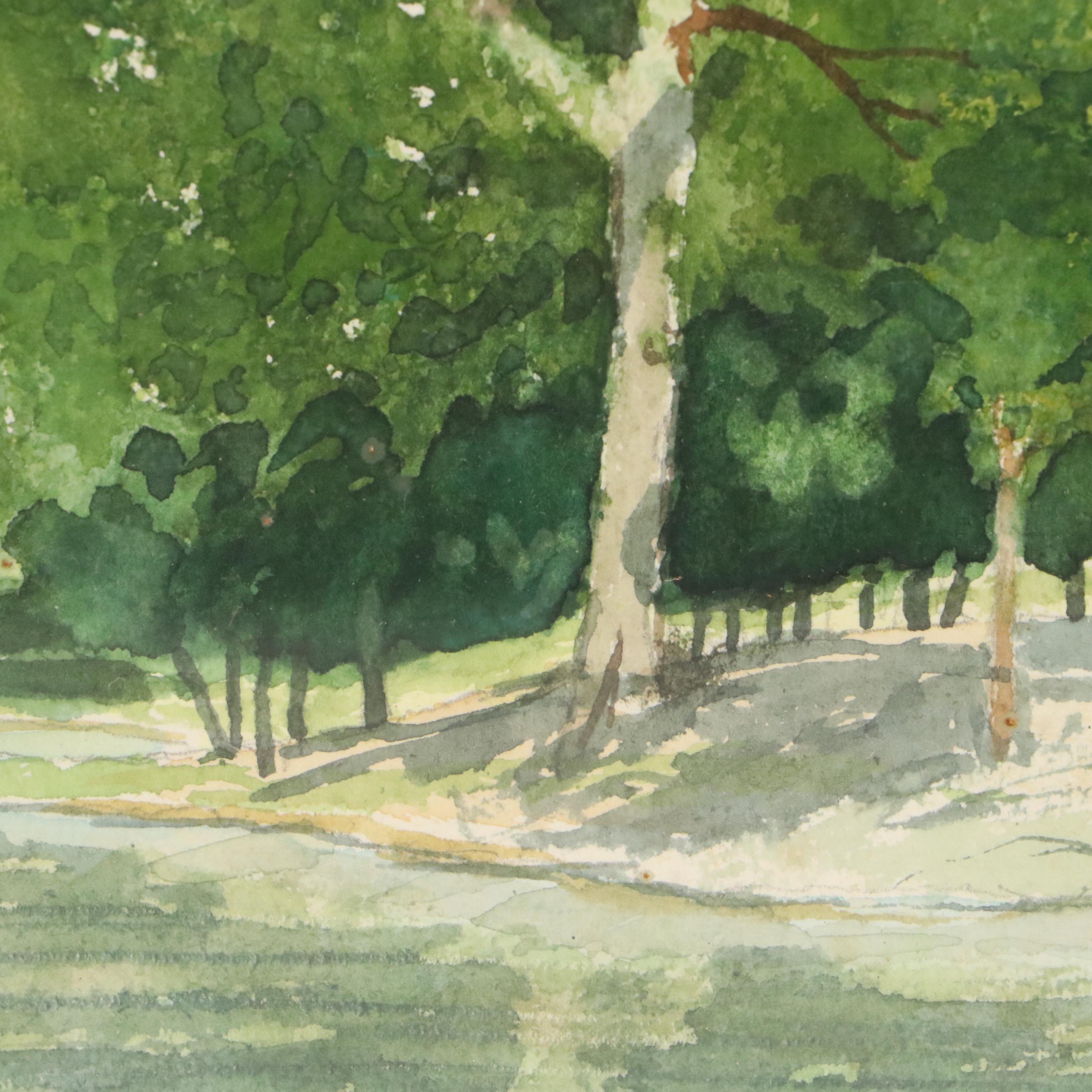 Landscape Watercolor Painting "Lakeside," Late 20th to 21st Century