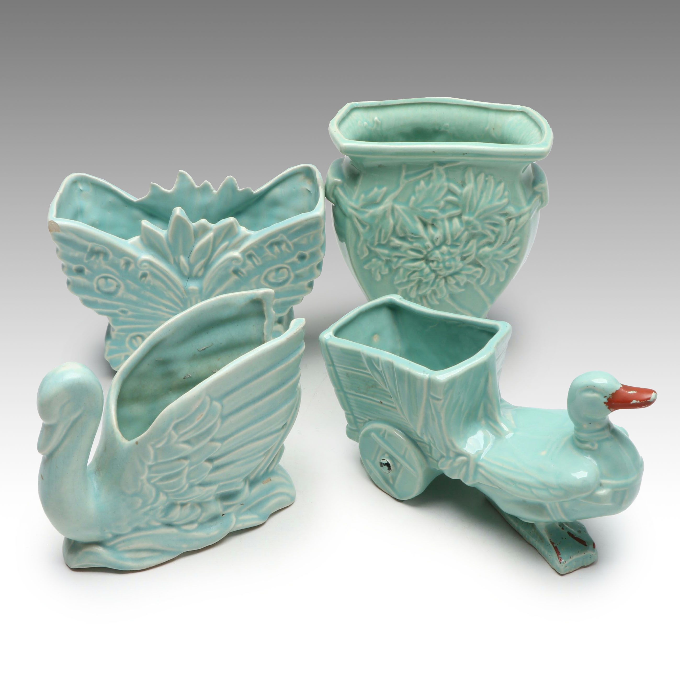 McCoy Pottery Floral Vase with Butterfly and Other Blue Ceramic planters