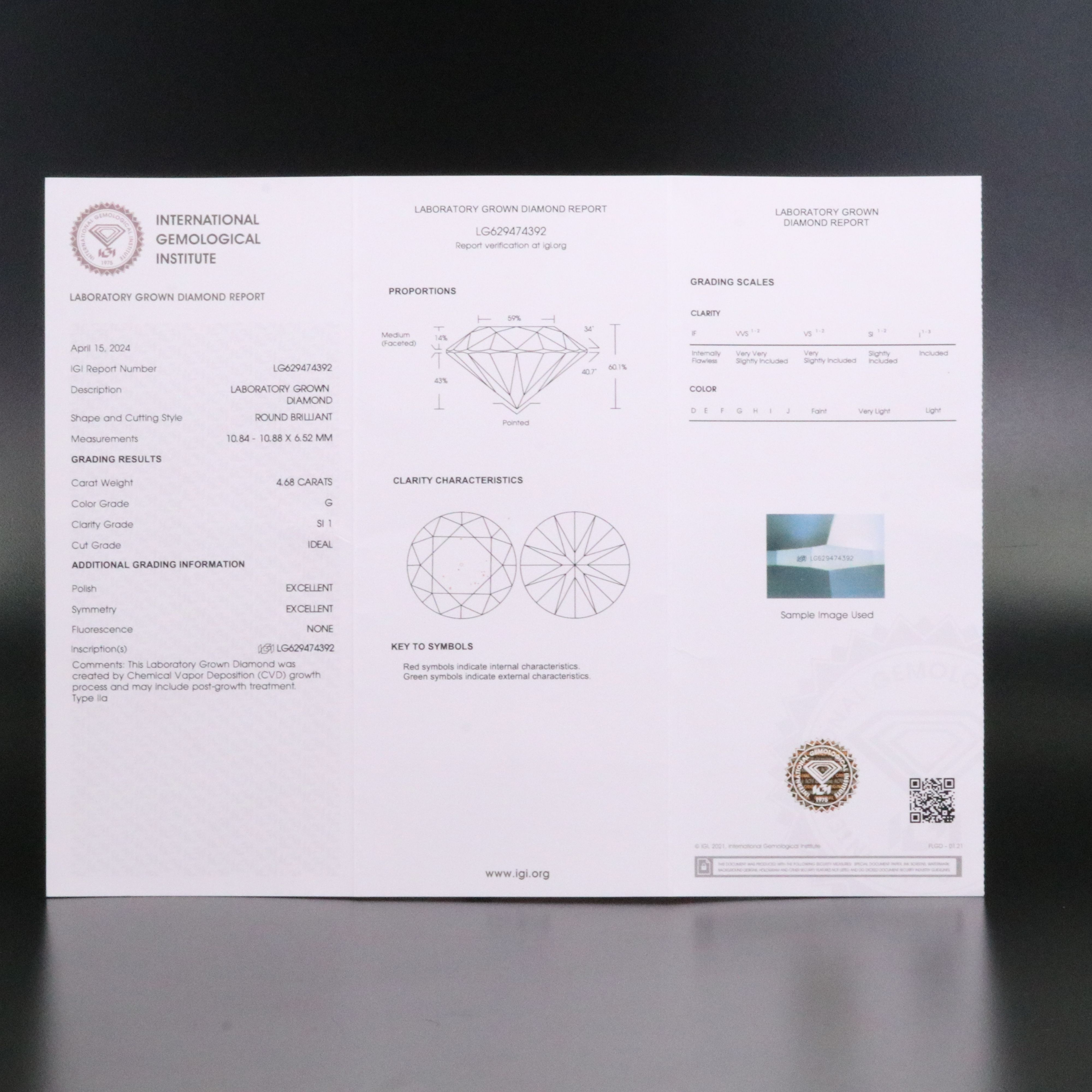 Loose 4.68 CT Lab Grown Diamond with IGI Report