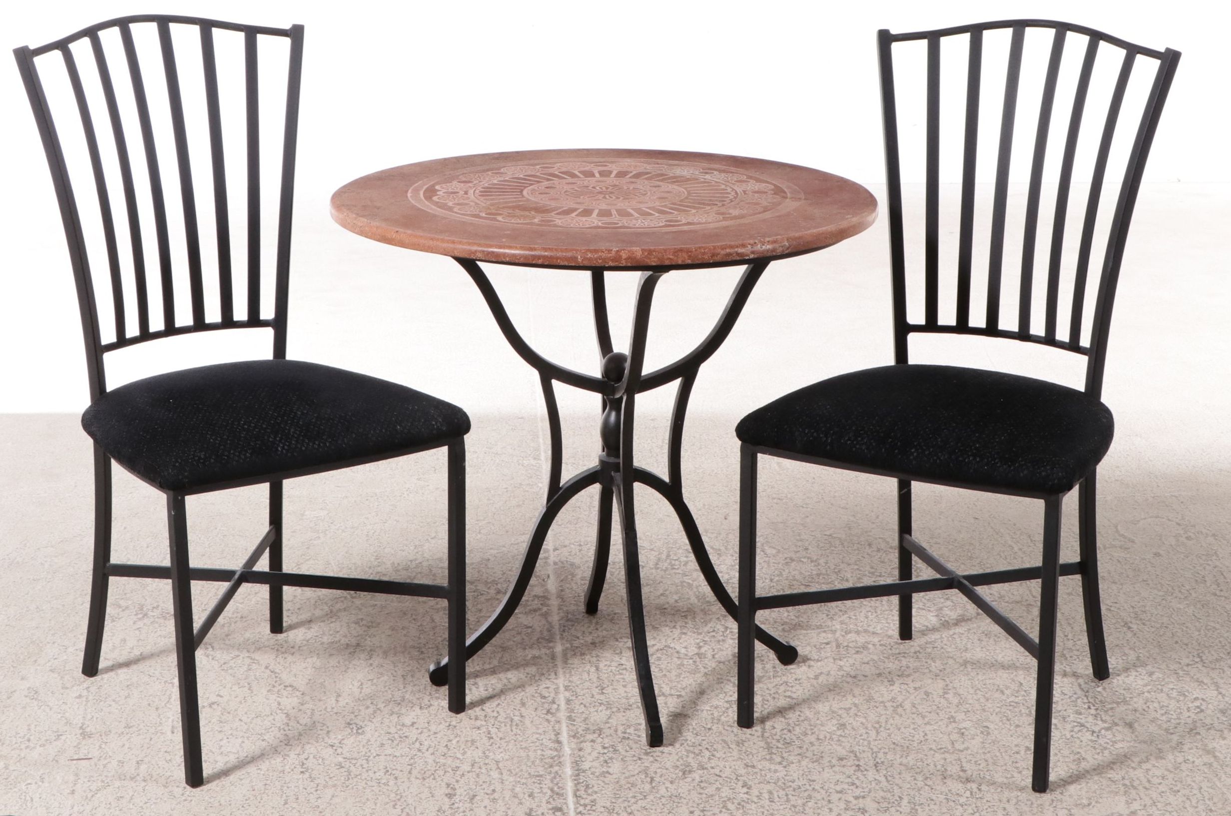 Wrought Iron Bistro Table with Engraved Stone Top with Side Chairs