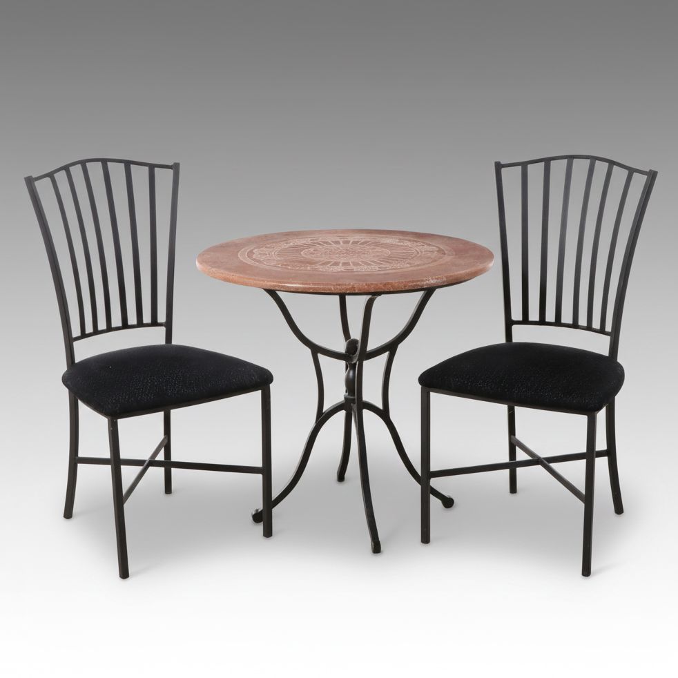 Wrought Iron Bistro Table with Engraved Stone Top with Side Chairs