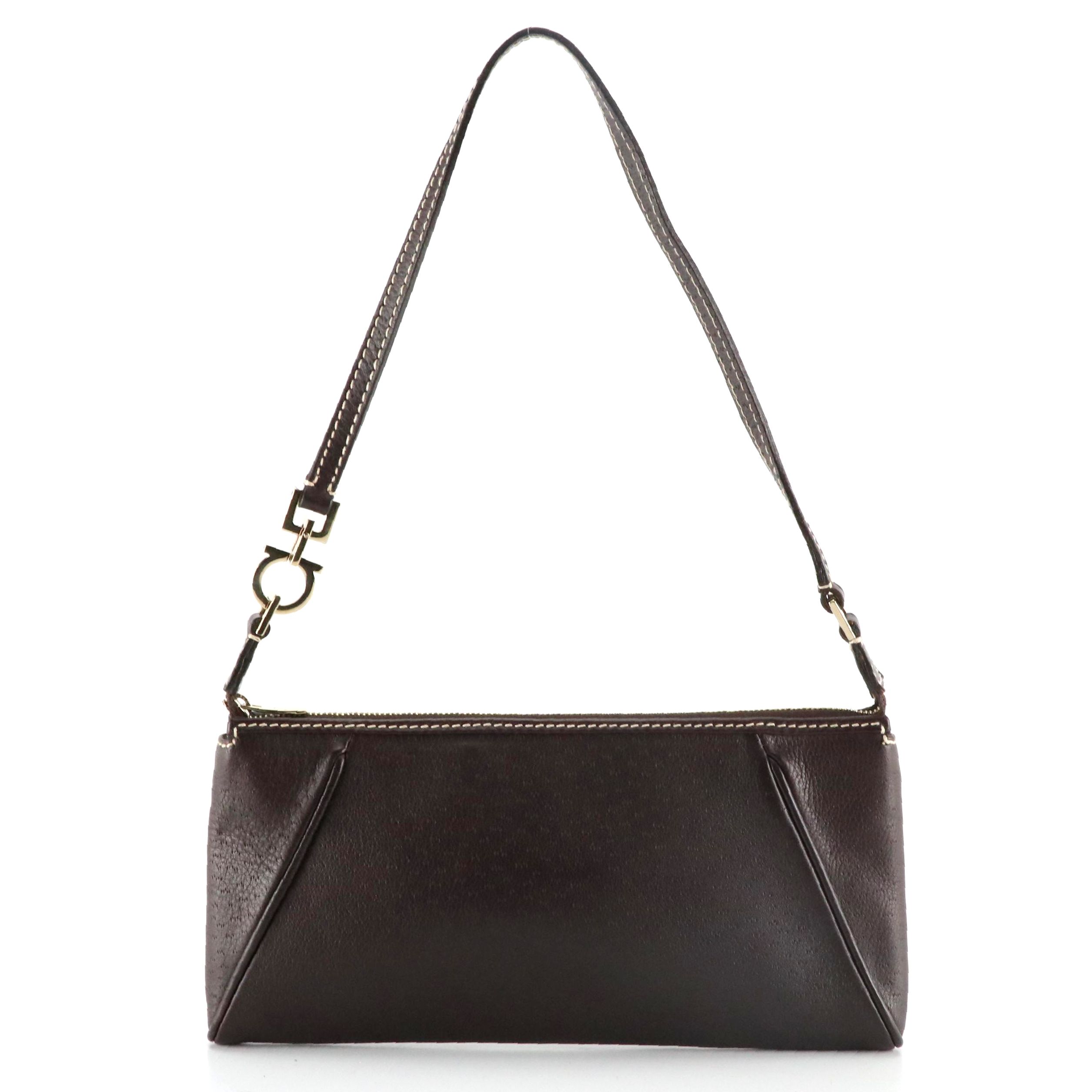 Salvatore Ferragamo Gancini Flat Shoulder Bag in Dark Chocolate Leather
