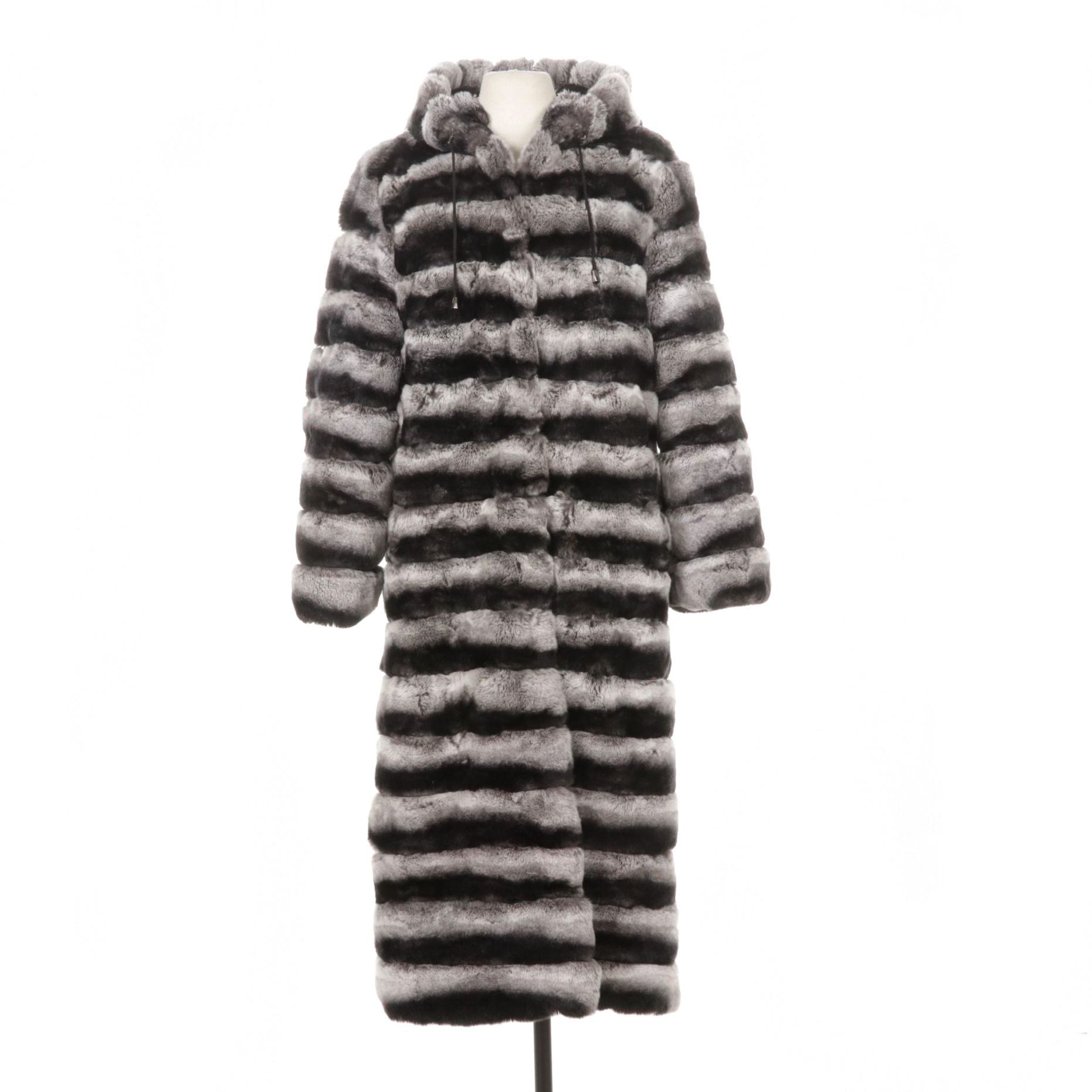 Chinchilla Dyed Rex Rabbit Fur Long Coat with Hood