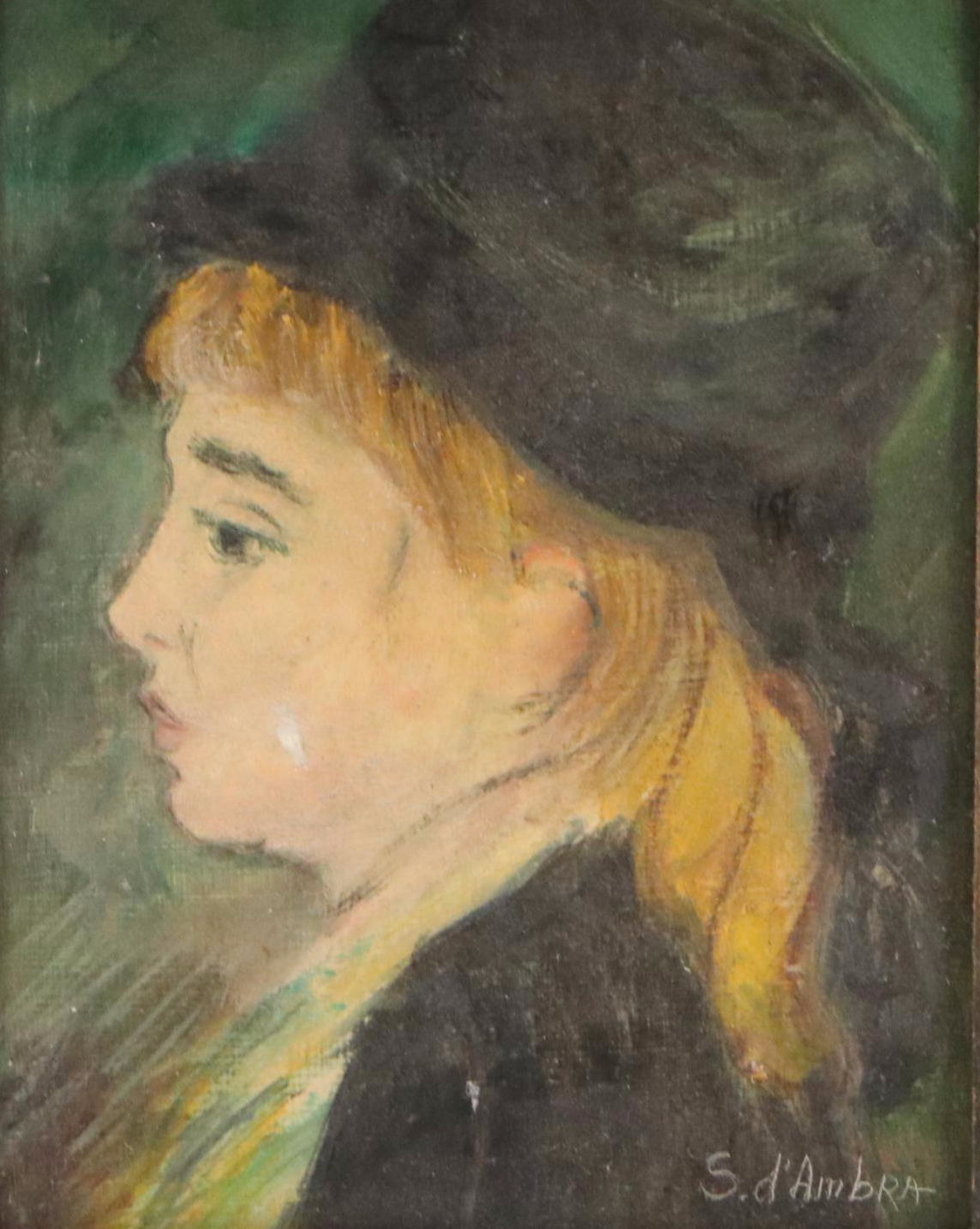 S. D'Ambra Portrait Oil Painting of Young Woman in Hat